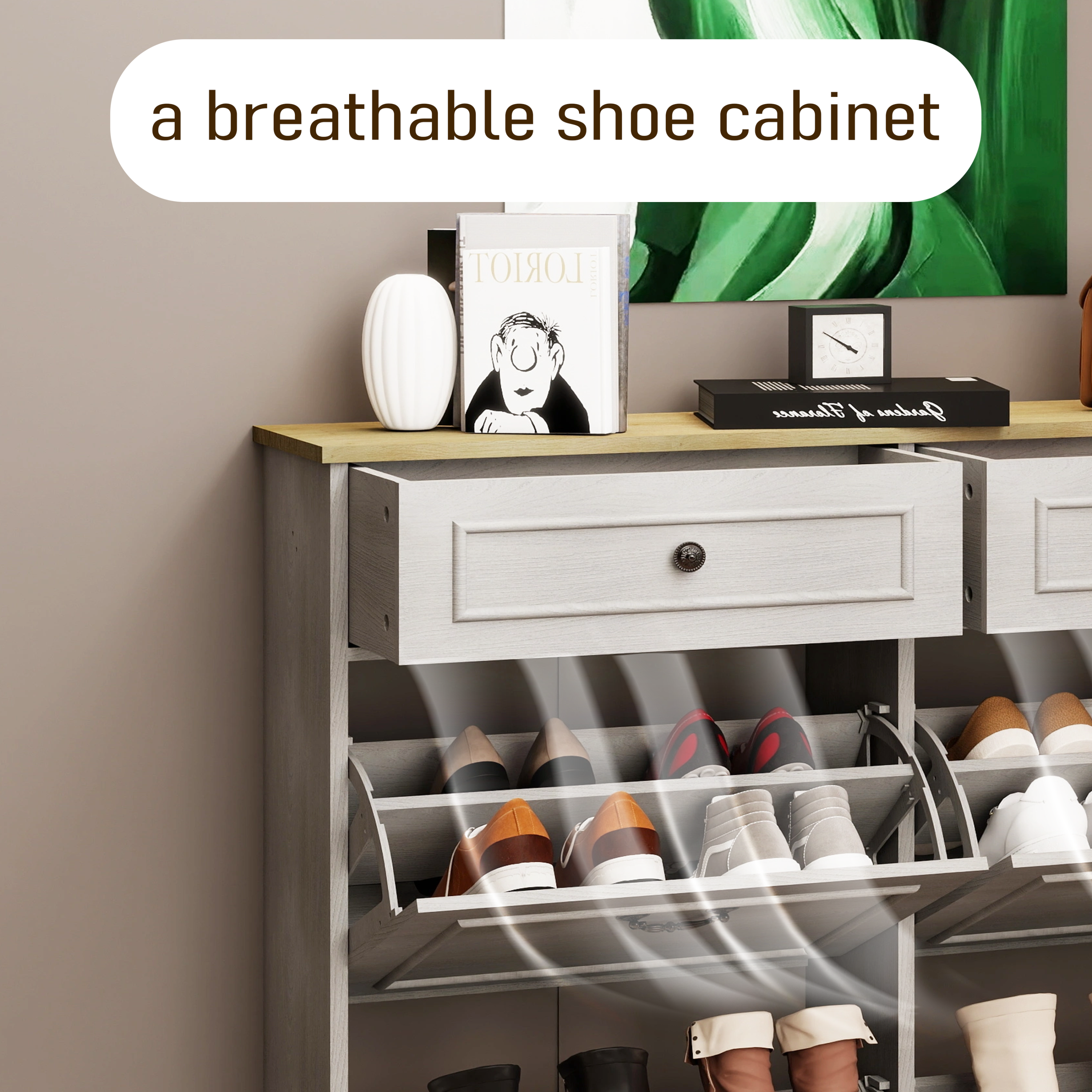 Shoe Storage Cabinet with 2 Drawers, 4 Flip Drawers, Freestanding Shoe Cabinet Organizer with Adjustable Shelf, Shoe Cabinet for Entryway, Foyer, Slim Shoe Cabinet-Antique White