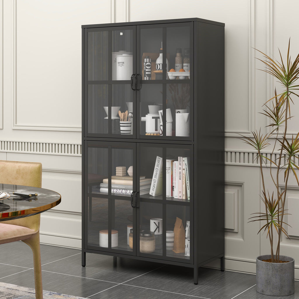 Premium Black Metal Storage Cabinet with Tempered Glass Doors, Adjustable Shelves, and Anti-Tipping Device
