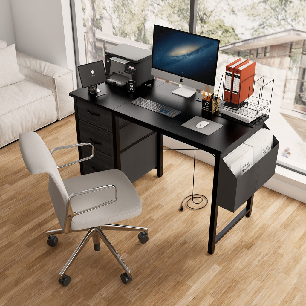 47.3'office desk with power outlet,3 drawers,Large Side Pocket, Desk Easy to Assemble,Frame stability Reversible,  for home desk, computer desk, game table,Writing desk,Vanity table, black