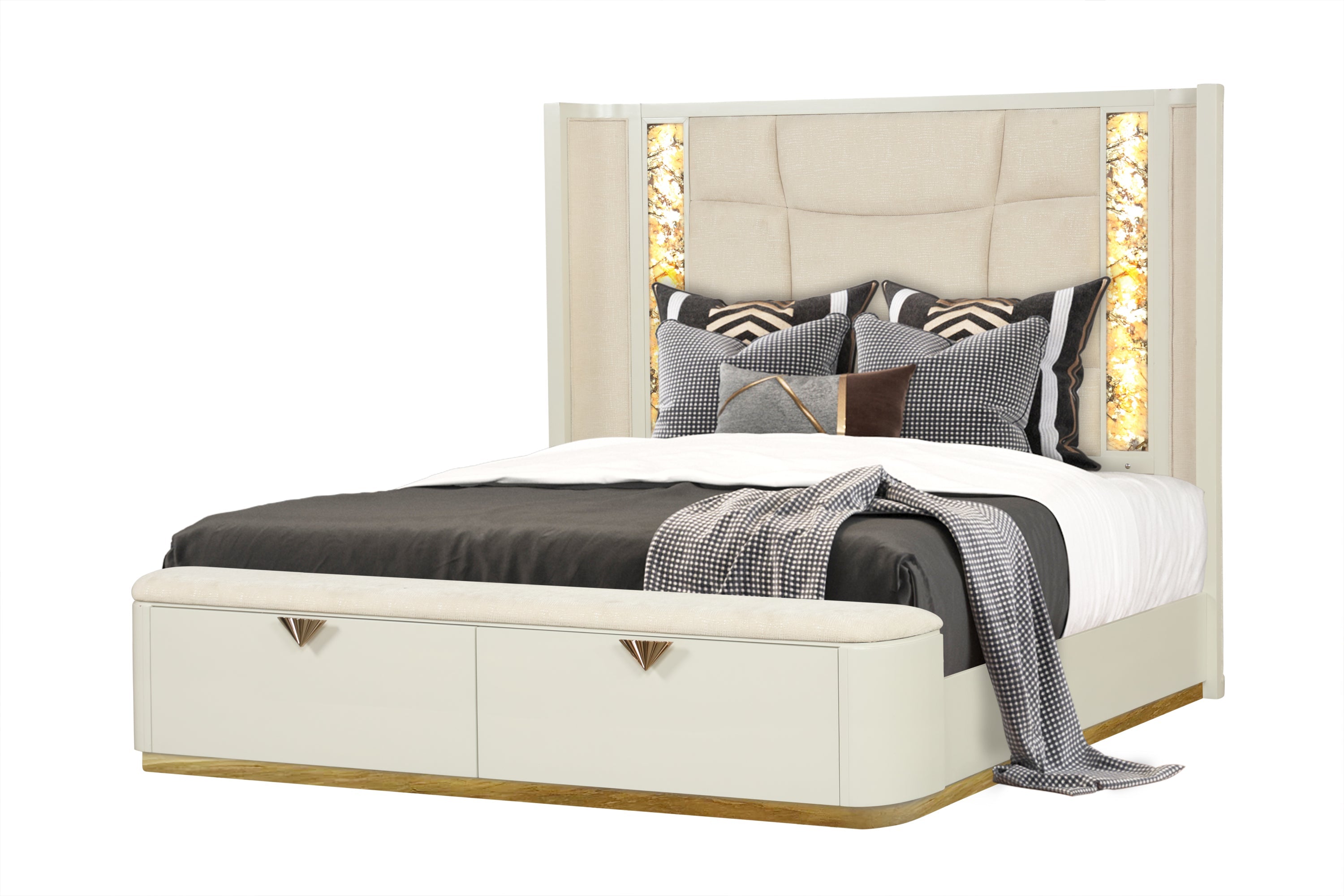La Pierre Modern Style 4 Pc Queen Upholstered Bedroom Set Made with Wood and Gold Accents in Beige(NJ INVENTORY)