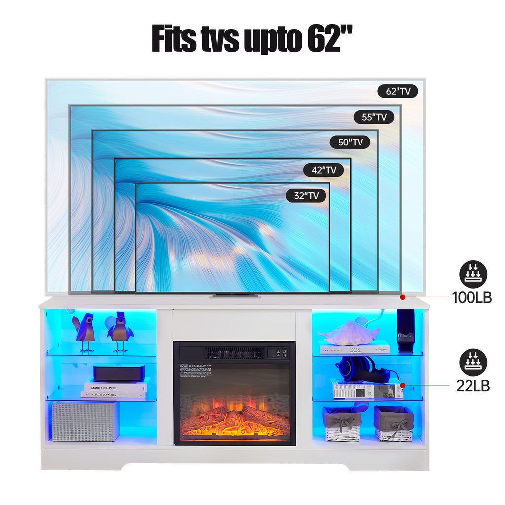 TV Stand Electric Fireplace  Glass Shelves, 3D Fireplace TV Stand with LED Lights Wood with USB Charging Outlet Modern Television Table Center for TV up to 62' White, 58''W*15.5''D*24.4