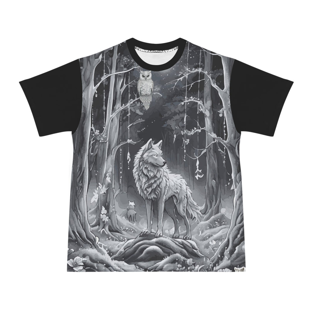 Men's Wolf in Moonlit Forest All Over Print Ribbed Collar T-Shirt