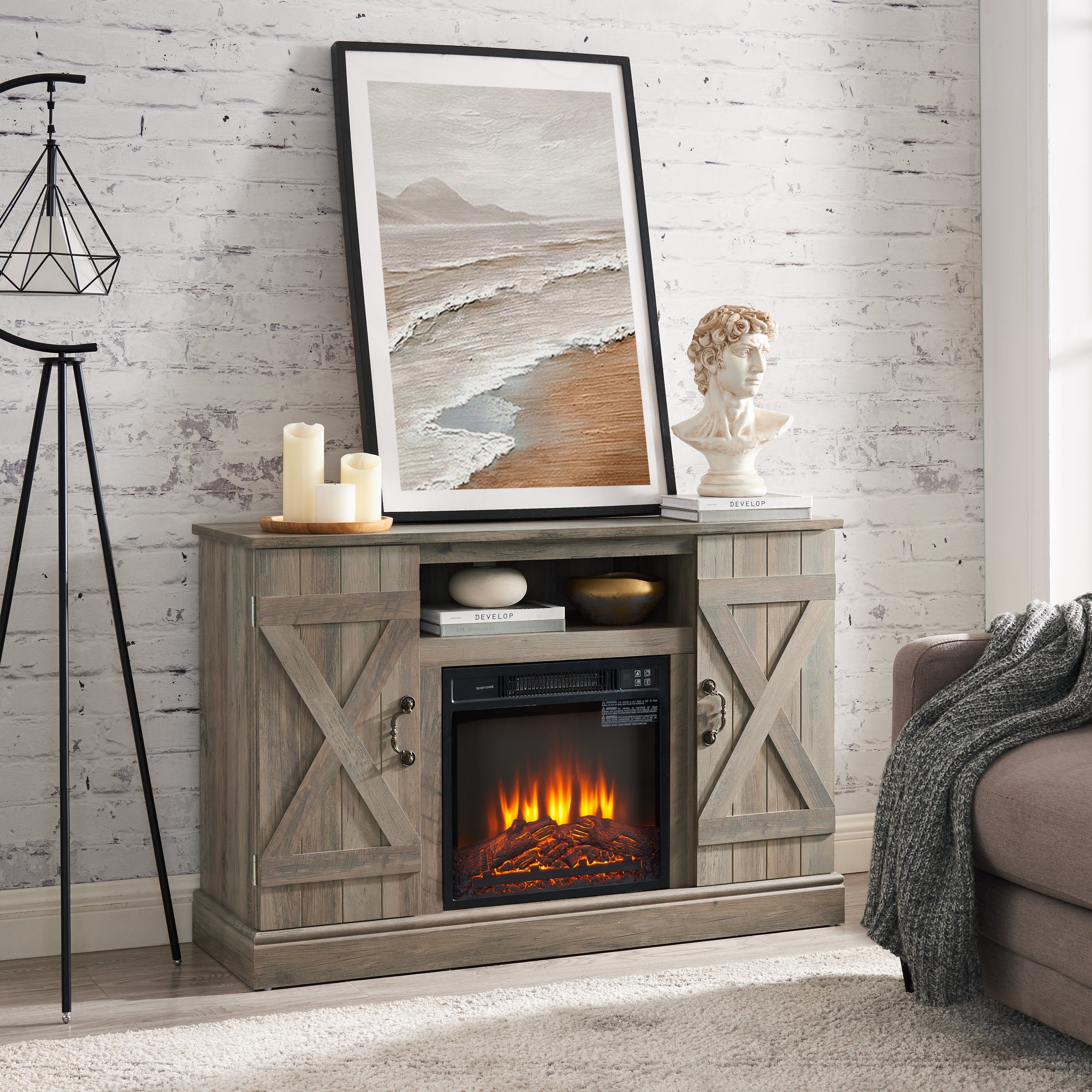 Farmhouse Classic Media TV Stand Antique Entertainment Console with 18' Electric Fireplace Insert for TV up to 50' with Open and Closed Storage Space, Gray Wash 47'W*15.5'D*30.75'H