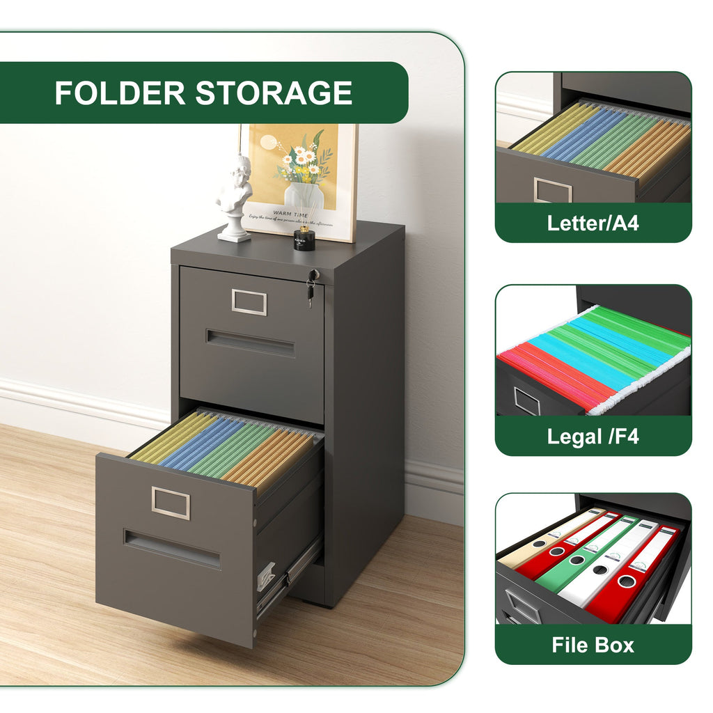 Premium Metal 2 Drawer File Cabinet with Lock for A4 Legal/Letter Size Documents, Black Steel, 28.5 Inches