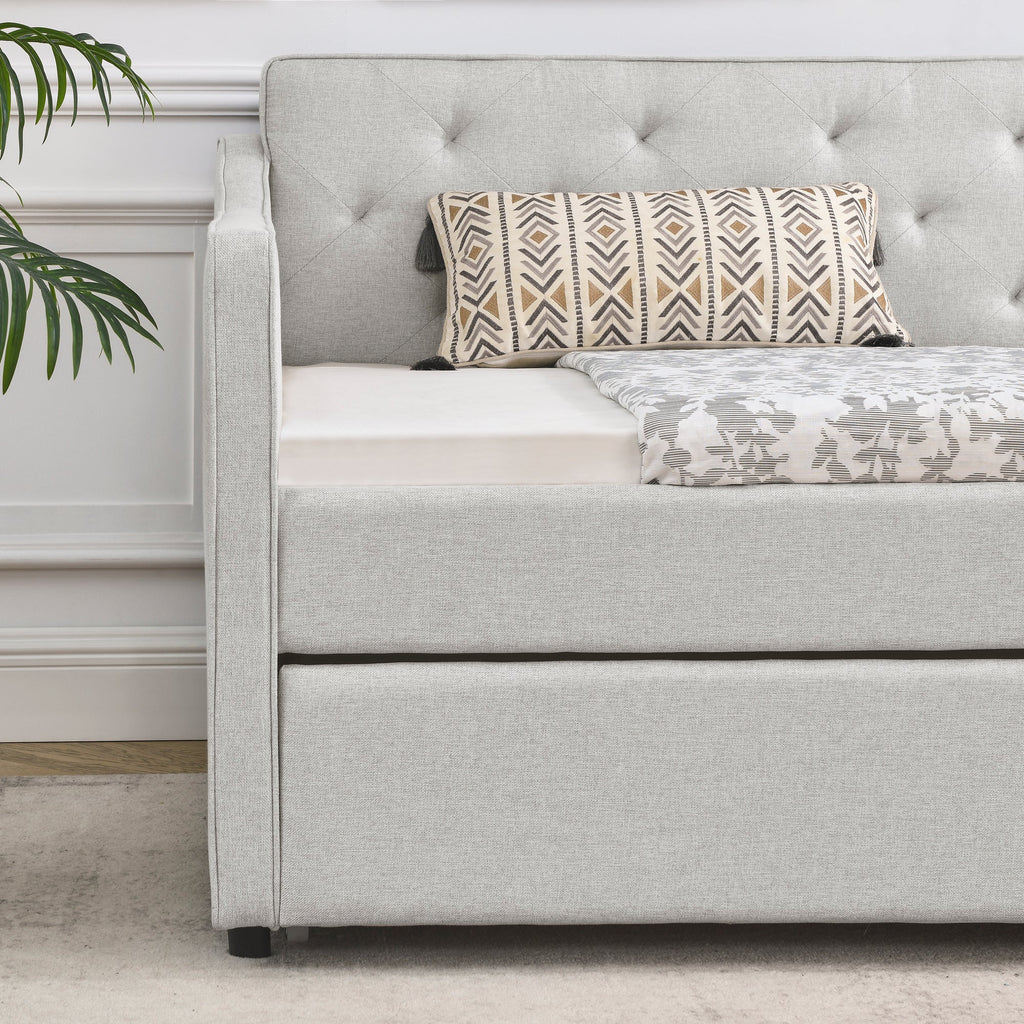 Twin Size Daybed with Twin Size Trundle Upholstered Tufted Sofa Bed,  Waved Shape Arms, Beige (80.5'x44.5'x33.5')
