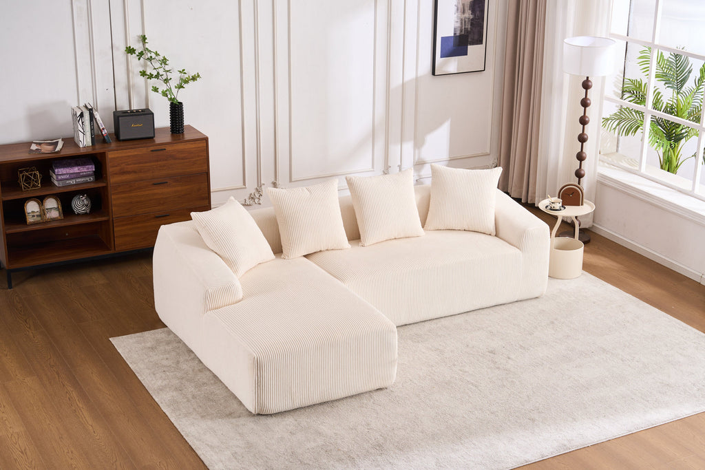LY-023 WHITE COMPRESSION SOFA: Combining chaise longue with 3-seater, Corduroy Fabric, full sponge compression sofa,combined sofa with 4 pillows for living/ Home Furniture/ Apartment