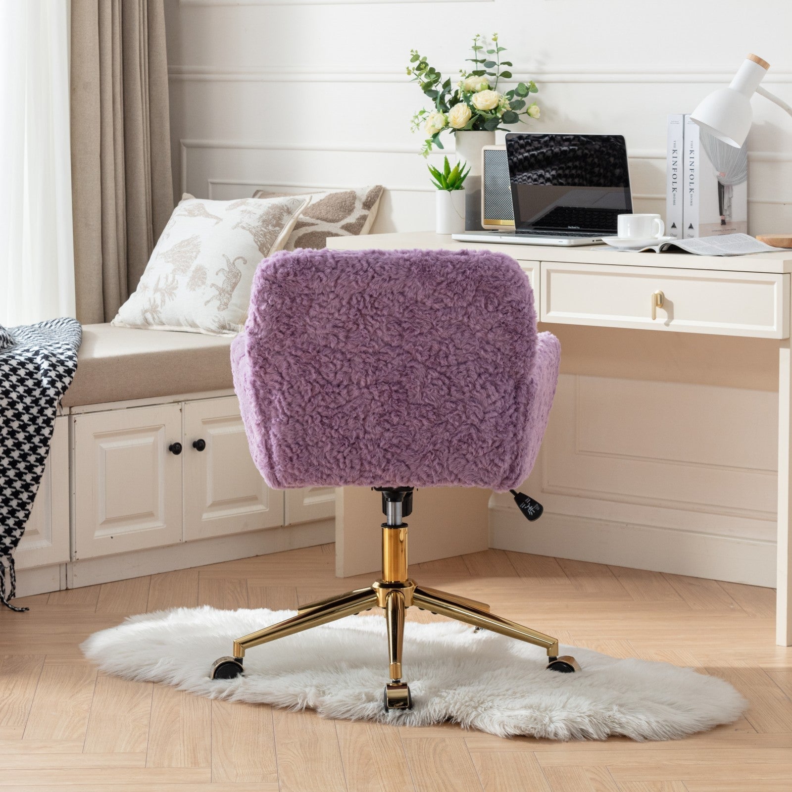 A&A Furniture Home Office Chair Violet Velvet with Golden Metal Base Adjustable Swivel
