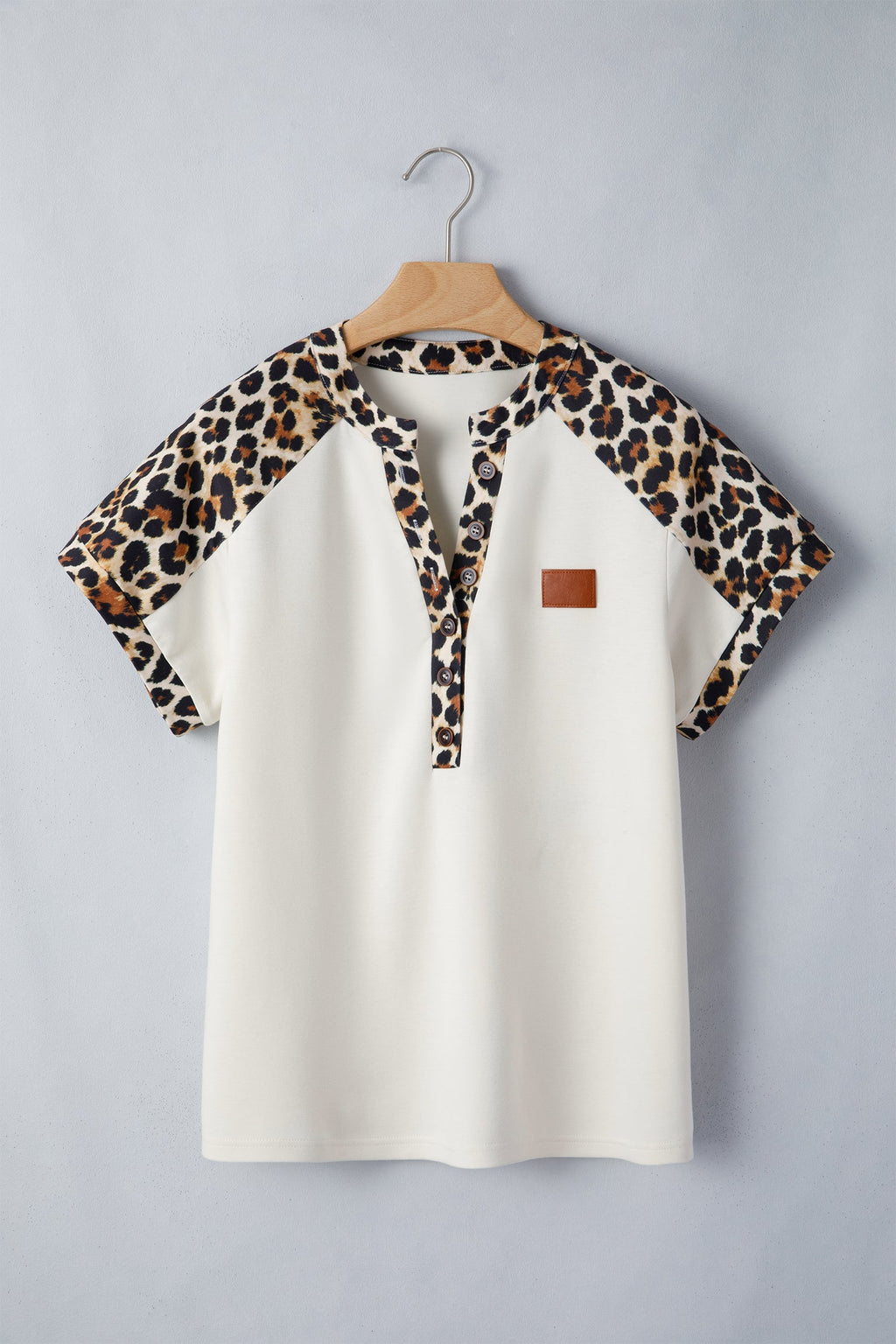 Leopard Patchwork Half Buttoned Short Sleeve Top
