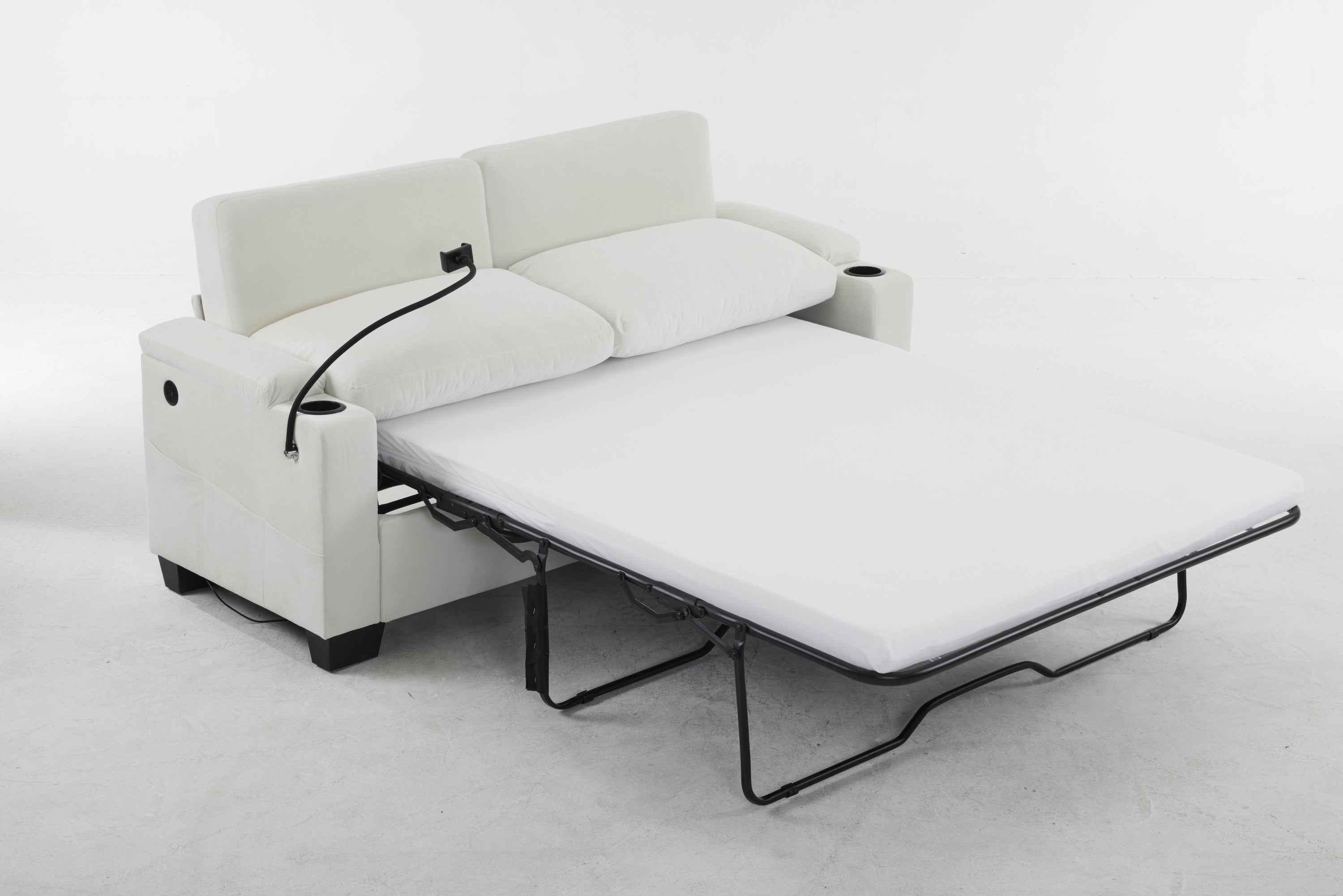 Pull-out sofa bed, chenille material, pull-out queen sofa bed, with USB charging, mobile phone holder, memory sofa, removable and washable cushions, suitable for living room, bedroom, apartment, white