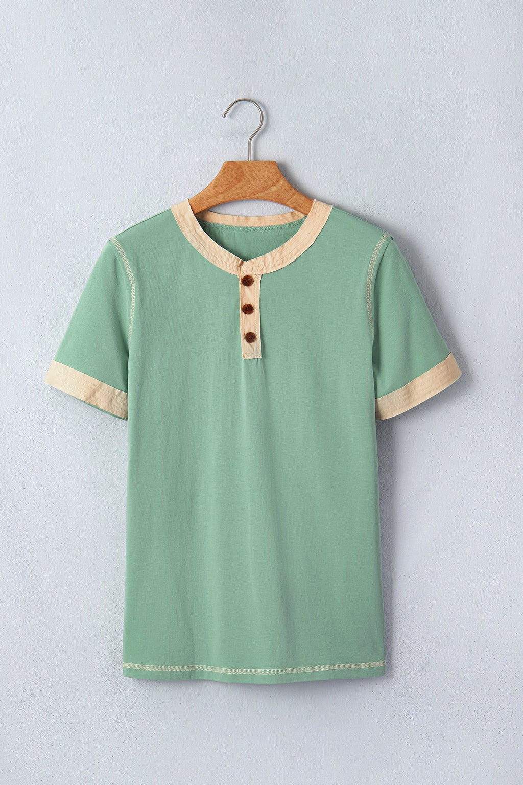 Colorblock Raw Seam Buttoned Henley Tee