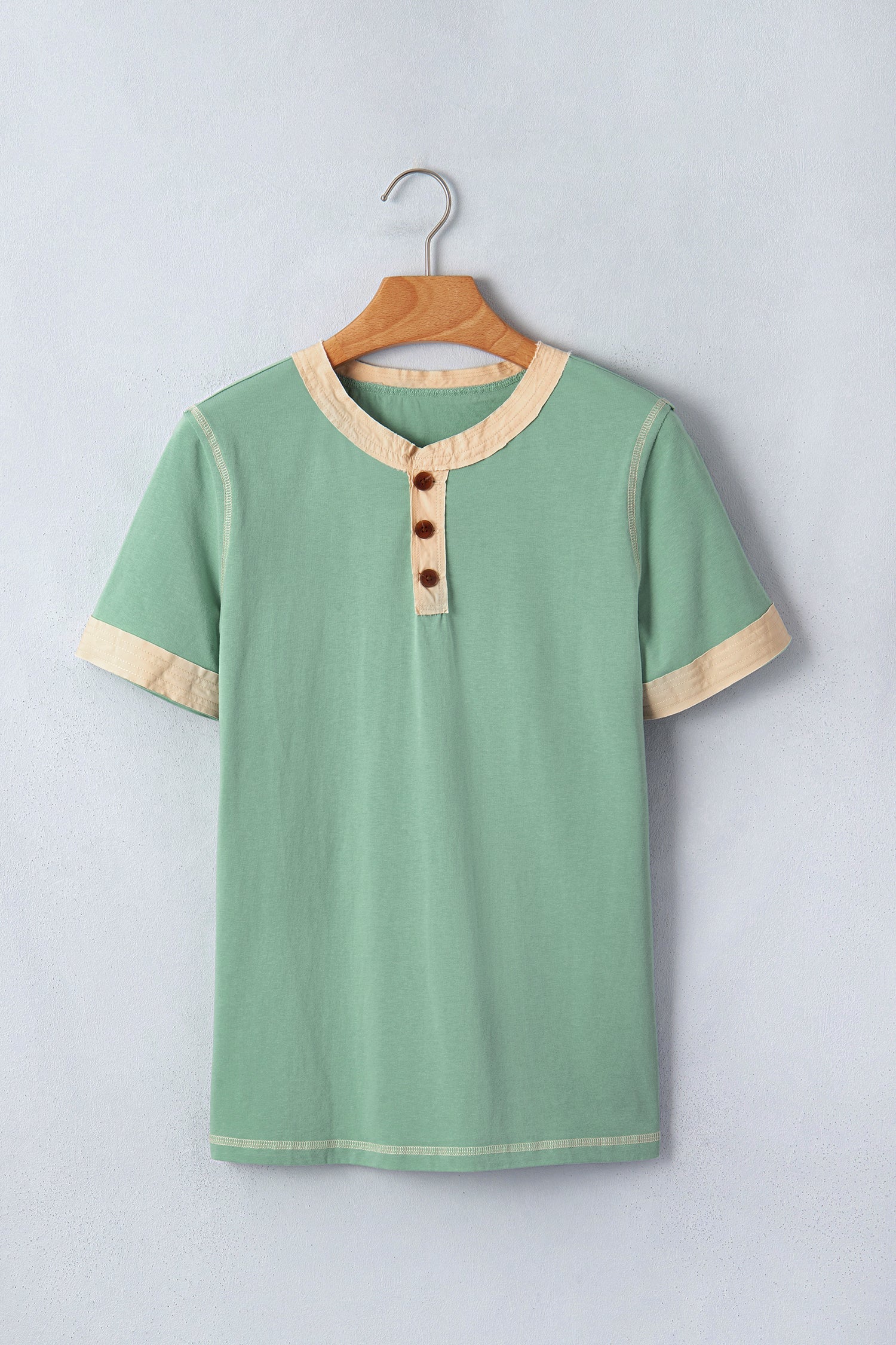 Colorblock Raw Seam Buttoned Henley Tee