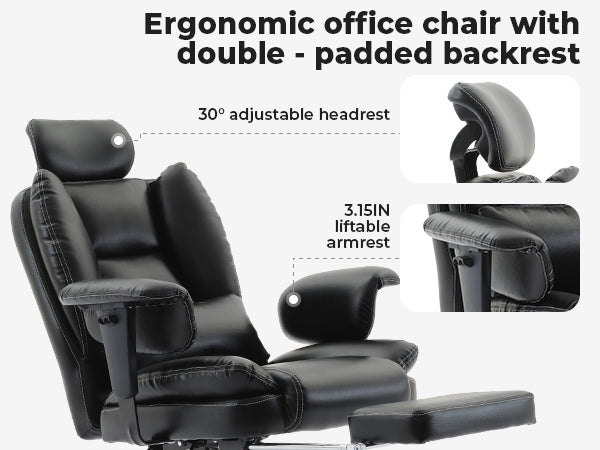 Office Chair Ergonomic 200 kg PU Leather Computer Chair with Lumbar Support and High Backrest, Ergonomic Desk Chair with Liftable Headrest, Black