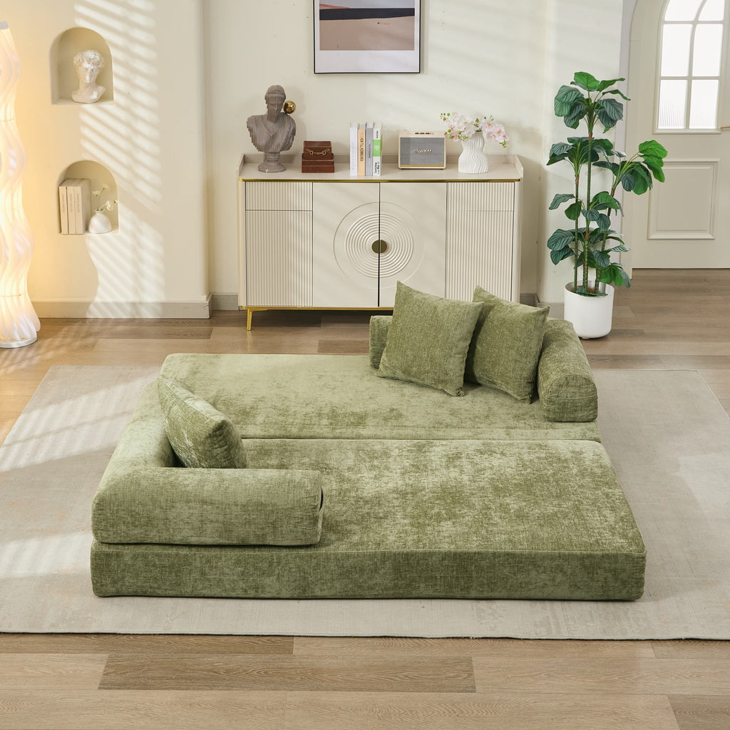 Comfy Convertible Folding Mattress Couch, Floor Sofa Bed, Chenille Floor Sofa with Armrest, Floor Sofa Lounge Couch for Living Room Bedroom Lounge Studio-Green