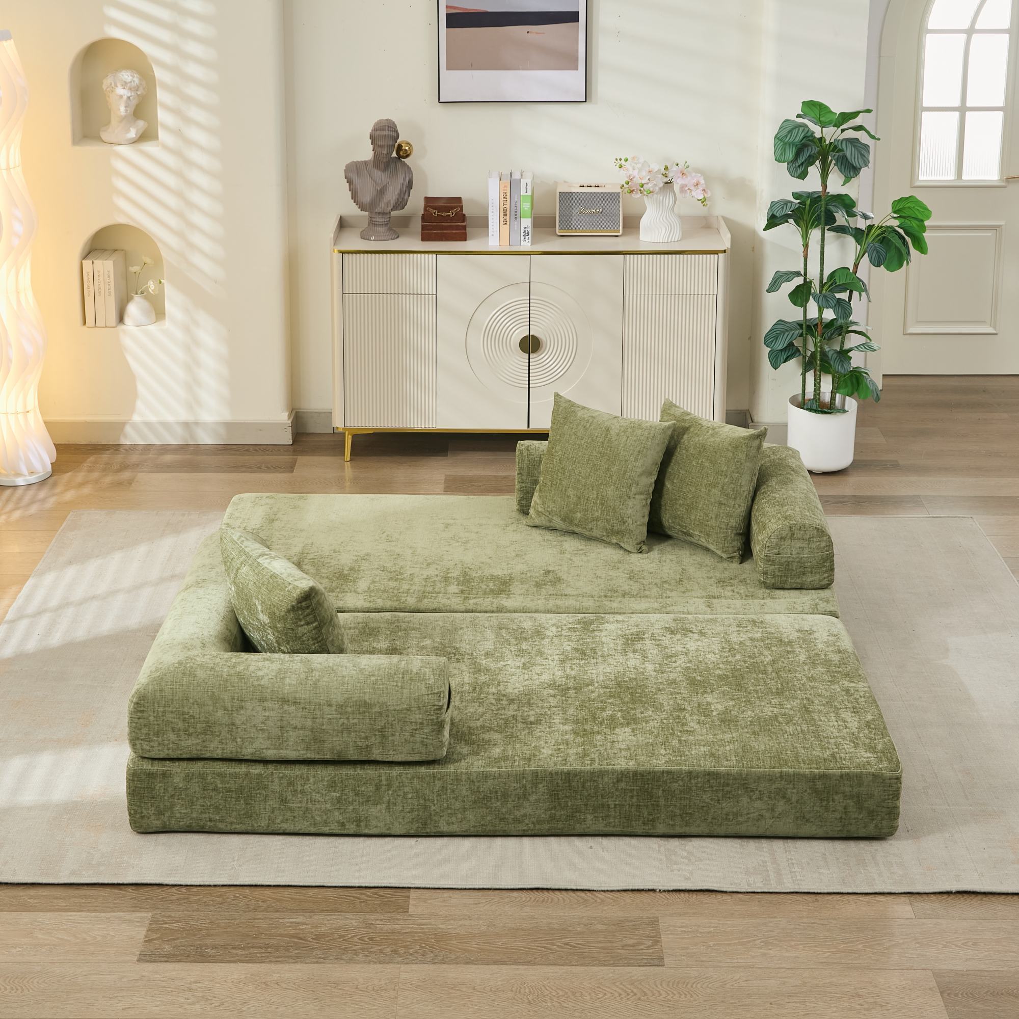 Comfy Convertible Folding Mattress Couch, Floor Sofa Bed, Chenille Floor Sofa with Armrest, Floor Sofa Lounge Couch for Living Room Bedroom Lounge Studio-Green