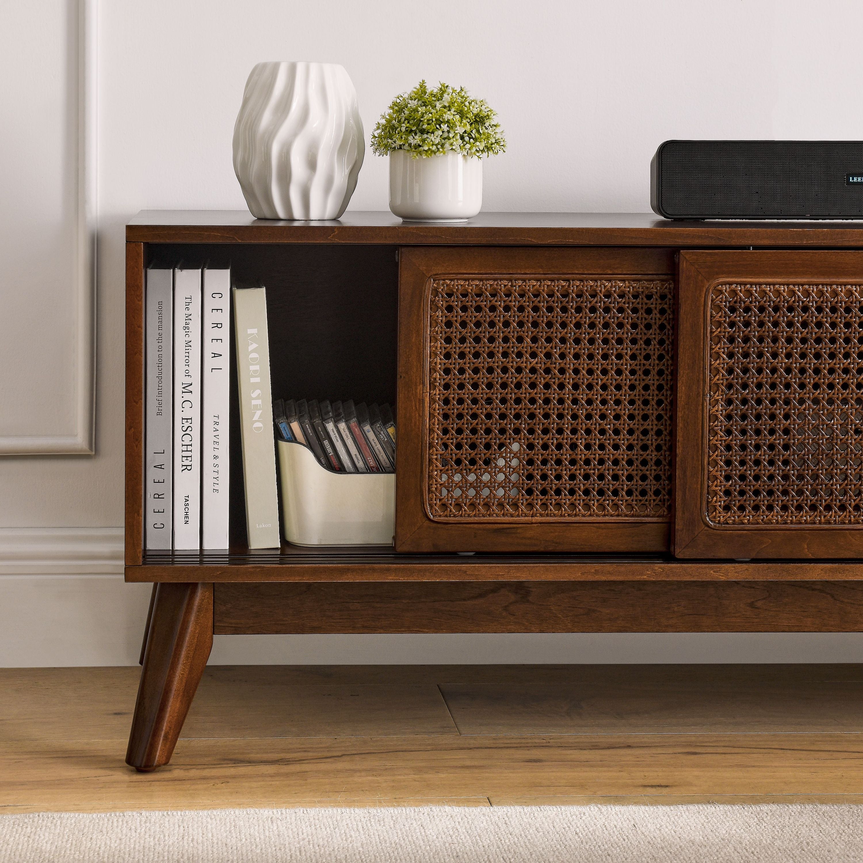 59 Inch Mid Century Modern Rattan TV Stand for 65 Inch TV, Entertainment Cabinet, Media Console for Living Room Media Room, Solid Wood Feet & Rattan Cabinet Doors - Dark Wood