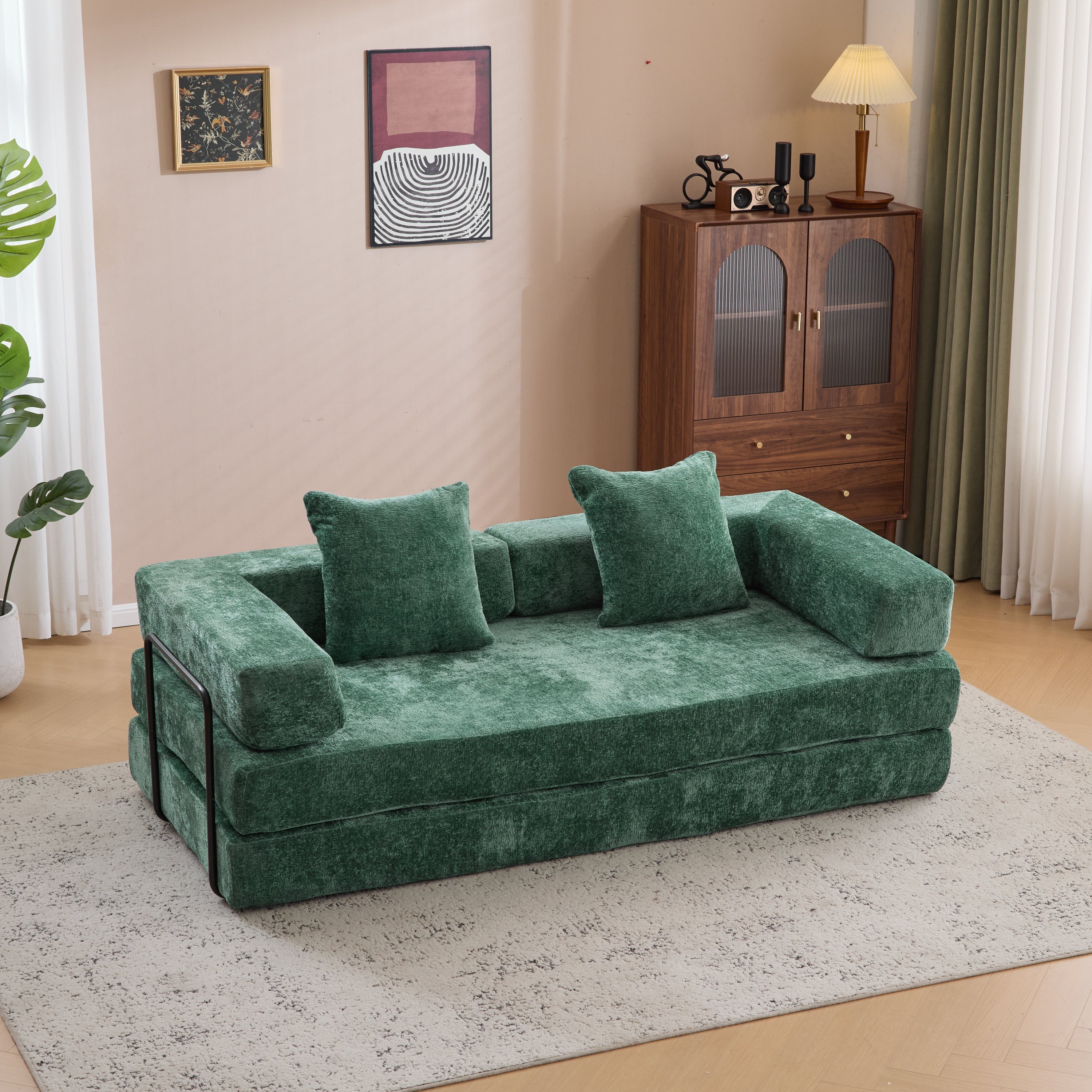 Floor Couch,Compression Sofa,Convertible Floor Sofa Bed-with Pillow Back Support Armrest,Comfy Futon Couch Lounge Sleeper Bed,Chenille fabric,for Living Room Bedroom (dark green)
