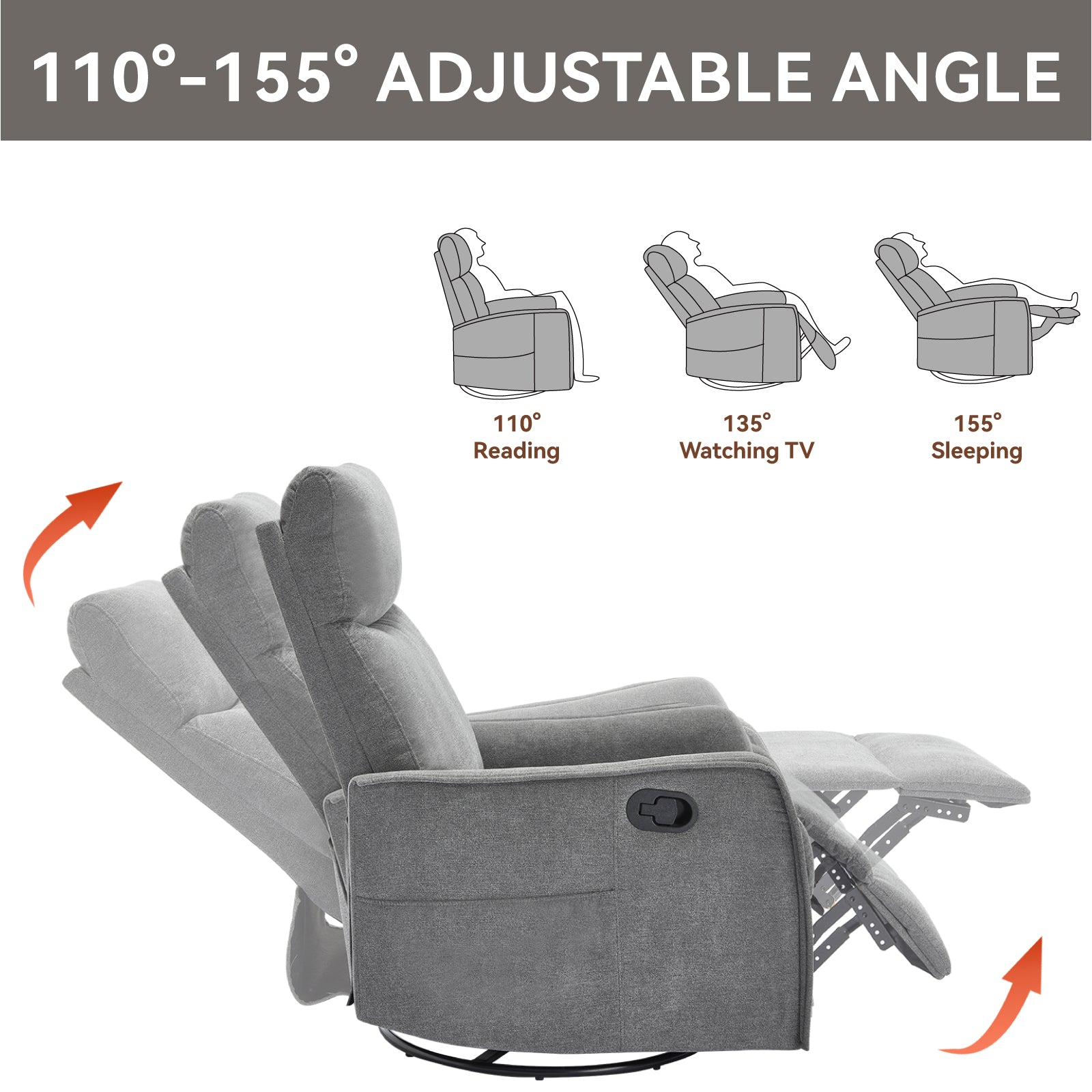Heat Massage Manual Recliner Chair with Rocker and Swivel in Fabric for Living Room, Grey