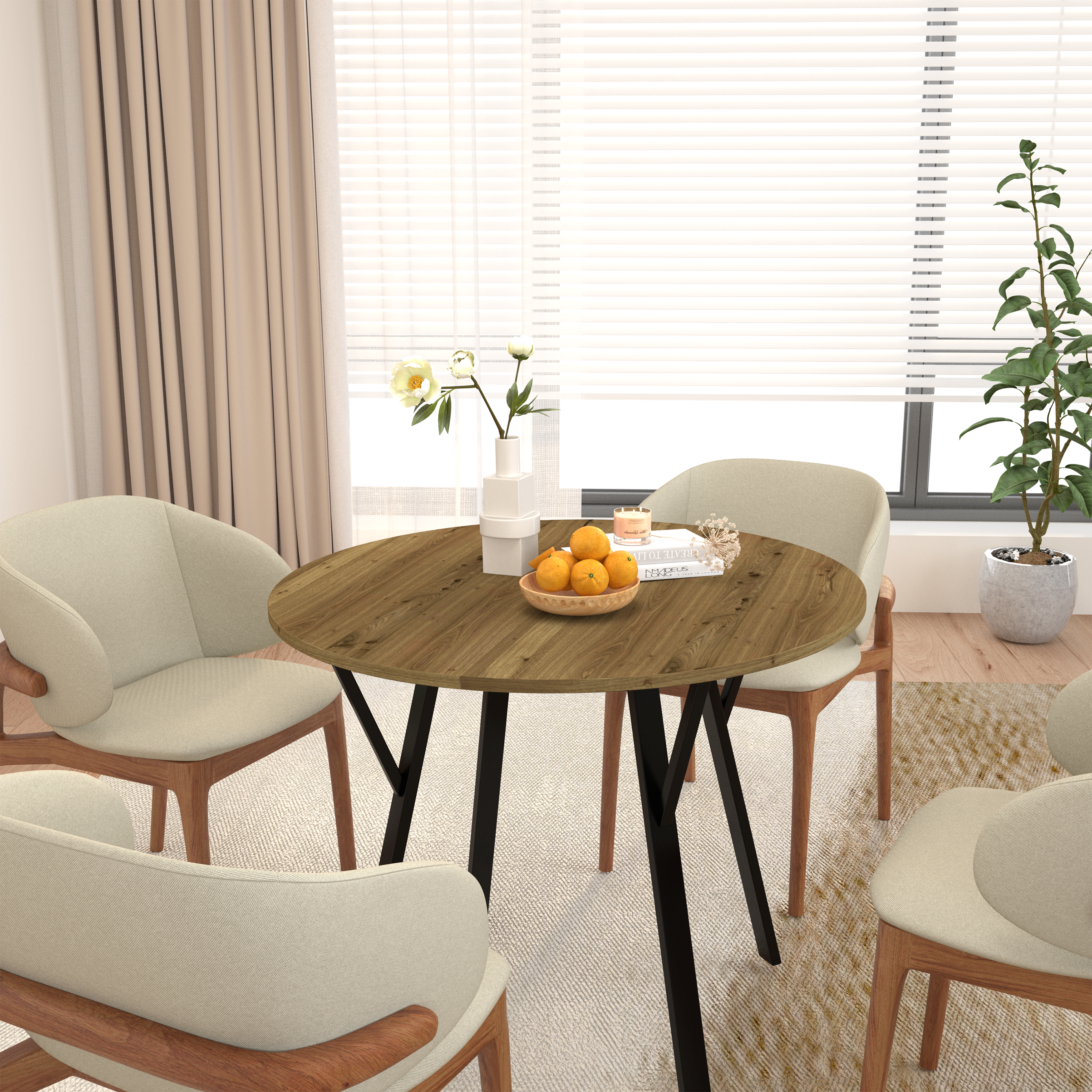 35.43 Inch Round Dining Table, Small Circle Kitchen Table with Metal Black Legs for 2-4 people,Modern Dining Room Table, Brown (only table)