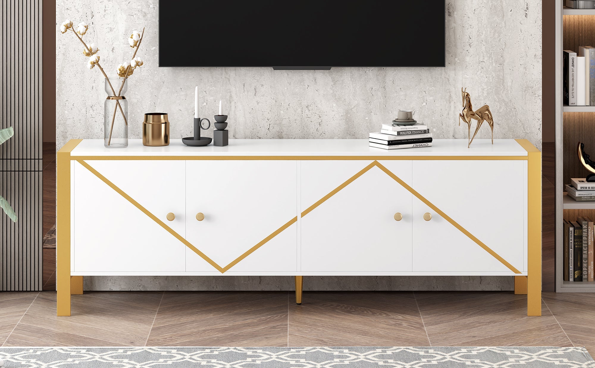 U-Can 70.9''Modern Minimalist TV Stand for TVs up to 75 Inches, Entertainment Center Media Console Cabinet with 2 Spacious Cabinets for Living room