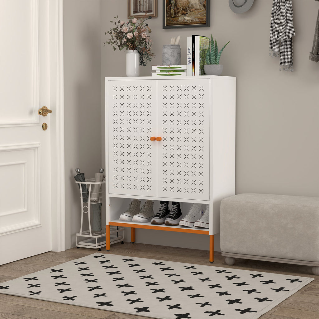 Grid Double Door Shoe Cabinet with Adjustable Compartments and Moisture-Proof Design in White Metal