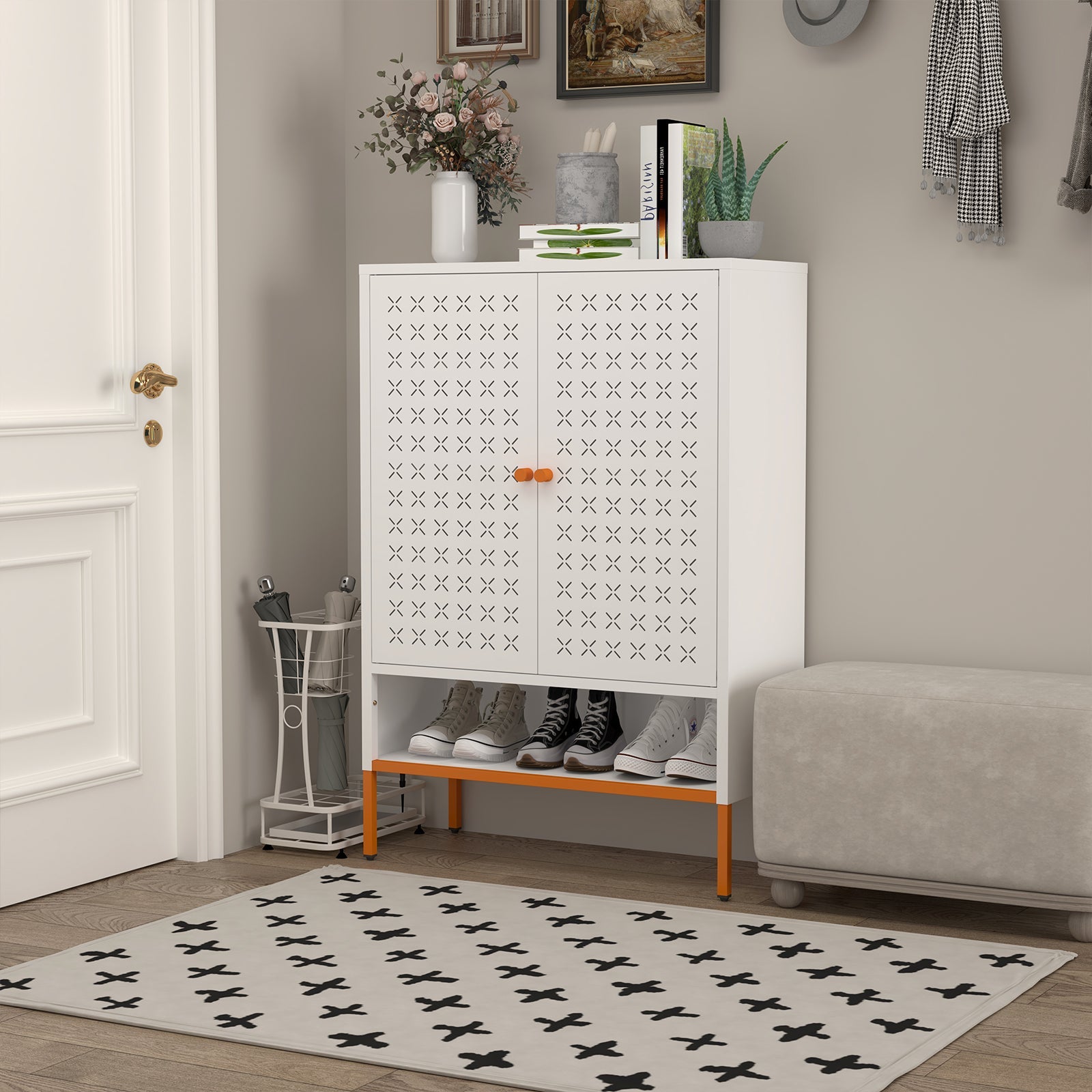 Grid Double Door Shoe Cabinet with Adjustable Compartments and Moisture-Proof Design in White Metal