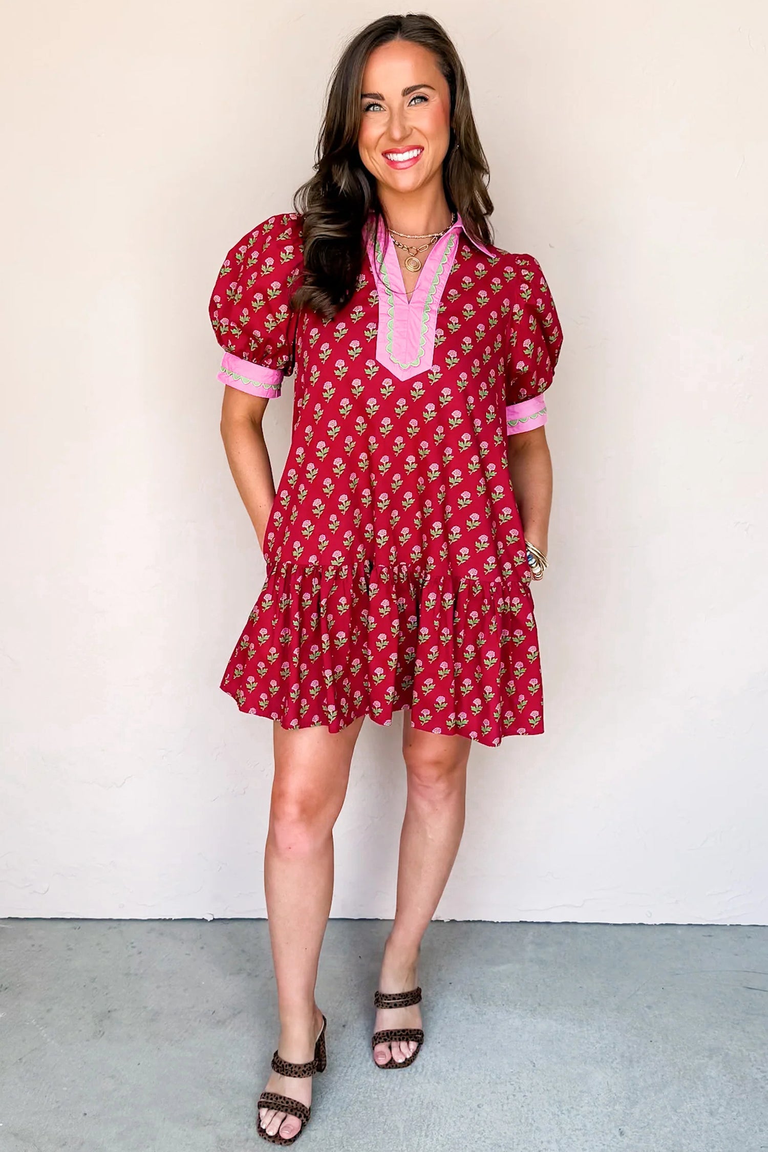 Floral V-Neck Short Bubble Sleeve Mini Dress