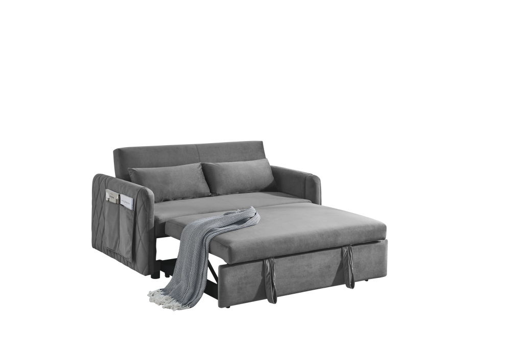 55' Modern Convertible Sofa Bed with 2 Detachable Arm Pockets, Velvet Loveseat Sofa with Pull Out Bed, 2 Pillows and Living Room Adjustable Backrest, Grid Design Armrests