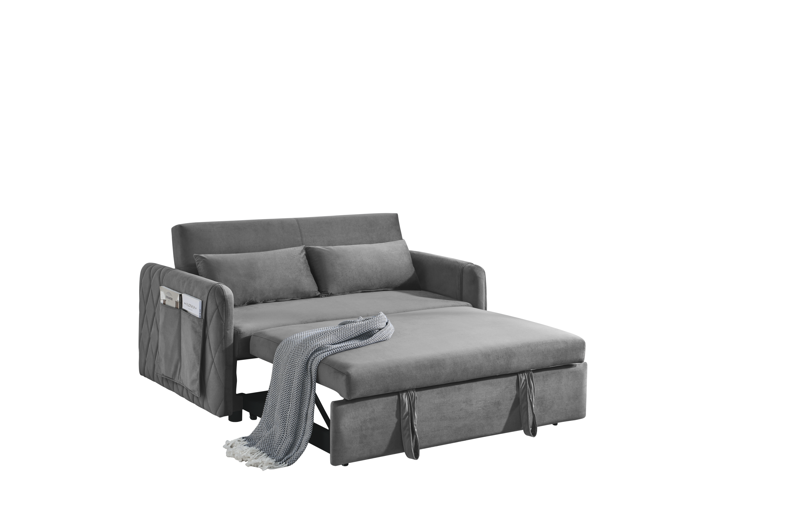 55' Modern Convertible Sofa Bed with 2 Detachable Arm Pockets, Velvet Loveseat Sofa with Pull Out Bed, 2 Pillows and Living Room Adjustable Backrest, Grid Design Armrests
