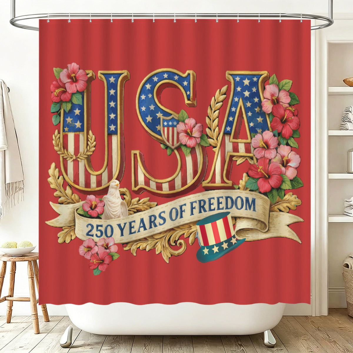 Patriotic USA 250 Years of Freedom Shower Curtain 78" × 71" | Ships from USA
