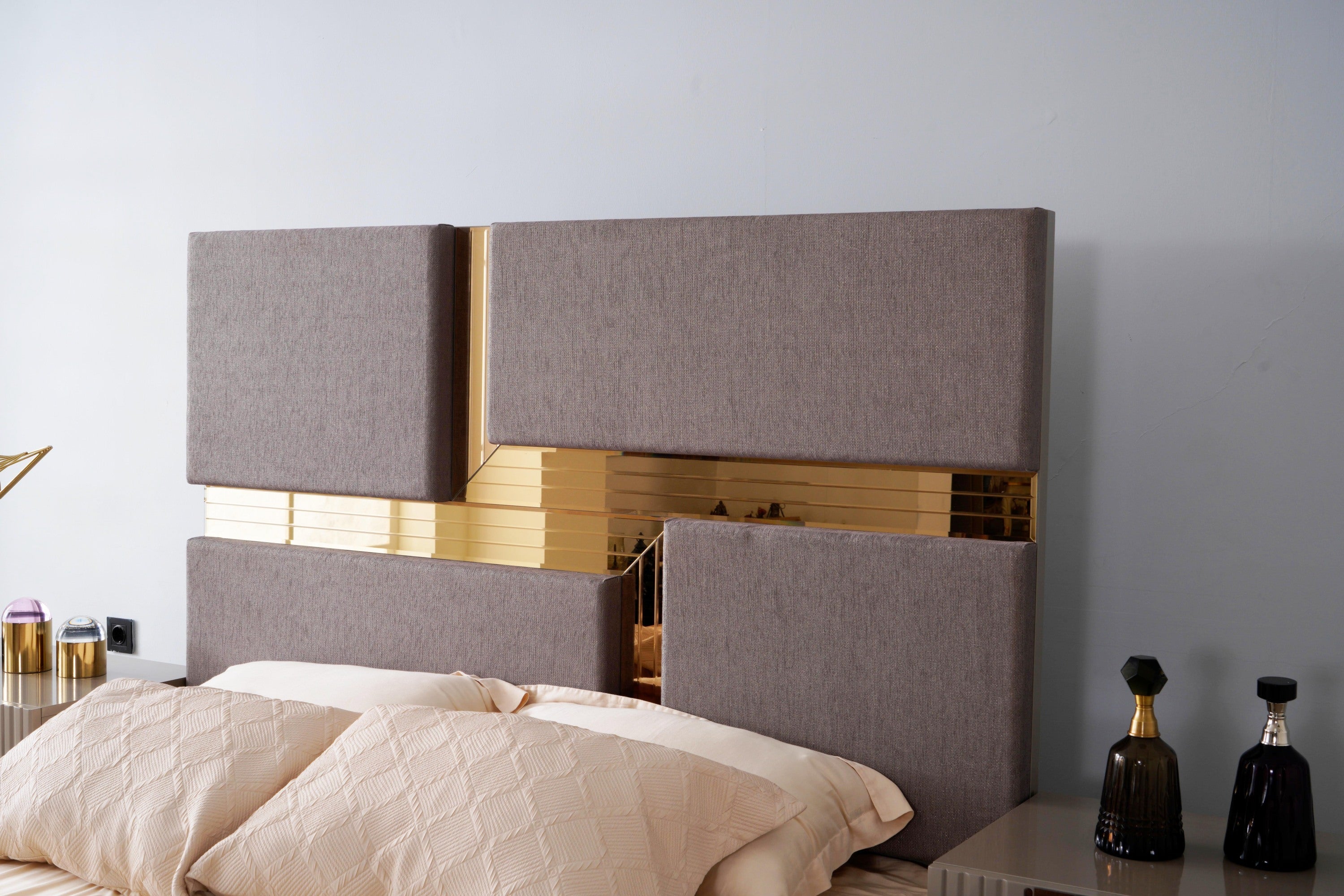 Lorenzo Queen 5 Pc Tufted Upholstery Bedroom set made with Wood and Gold Accents in Gray(CA Warehouse Inventory)