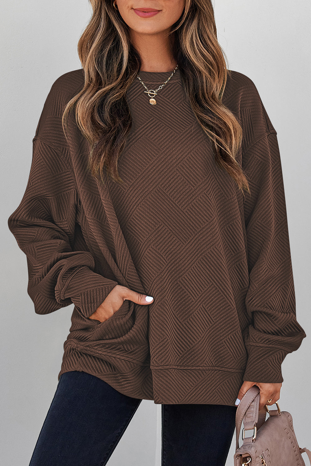 Solid Textured Round Neck Drop Shoulder Sweatshirt