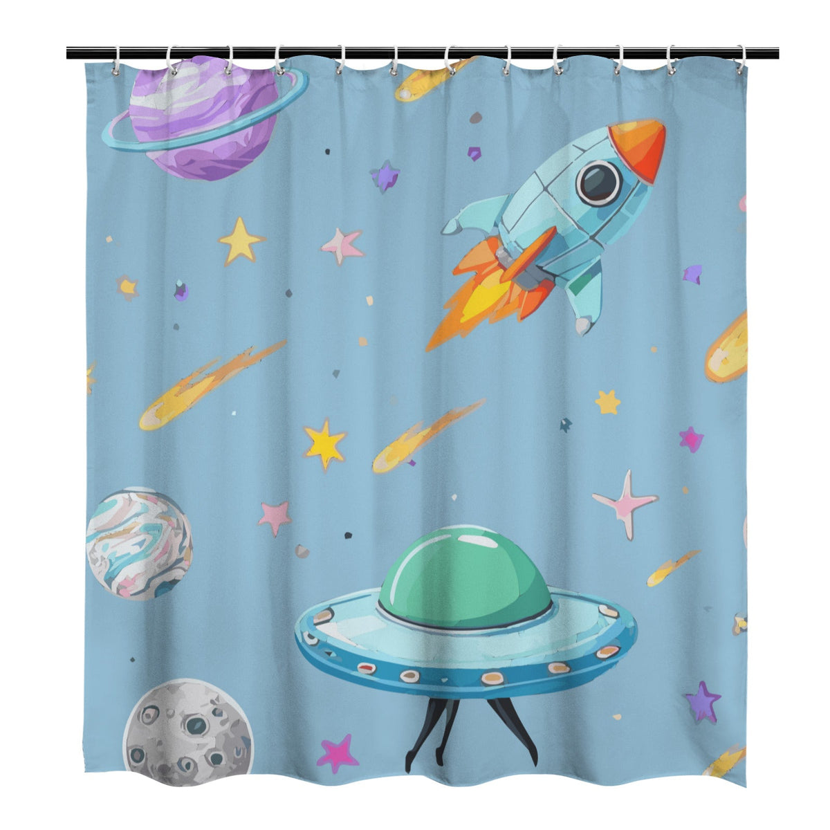 Space Illustration with Rocket Shower Curtain 66x72inch（Made in USA）