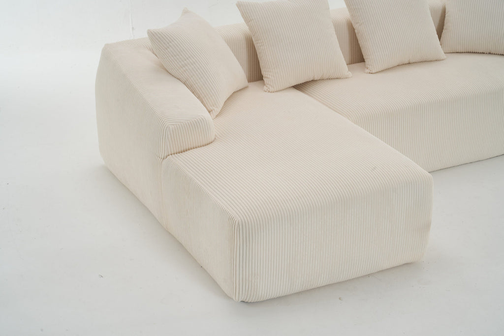 LY-023 WHITE COMPRESSION SOFA: Combining chaise longue with 3-seater, Corduroy Fabric, full sponge compression sofa,combined sofa with 4 pillows for living/ Home Furniture/ Apartment