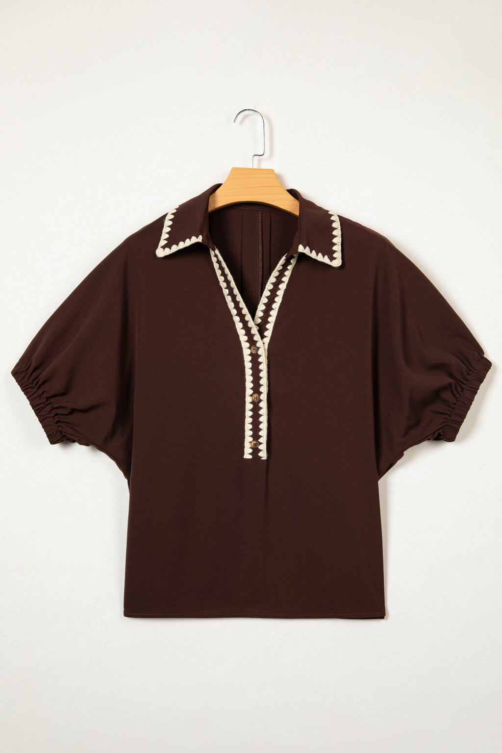 Contrast Trim Button V-Neck Short Sleeve Blouse