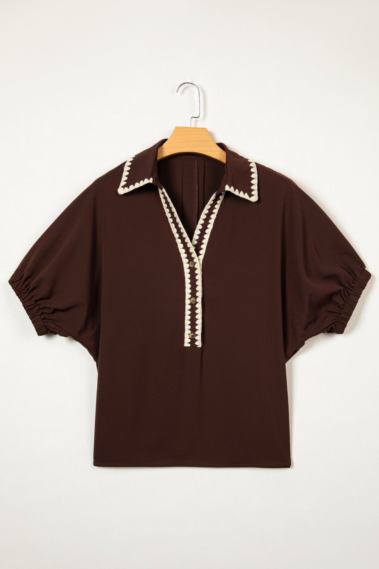 Contrast Trim Button V-Neck Short Sleeve Blouse
