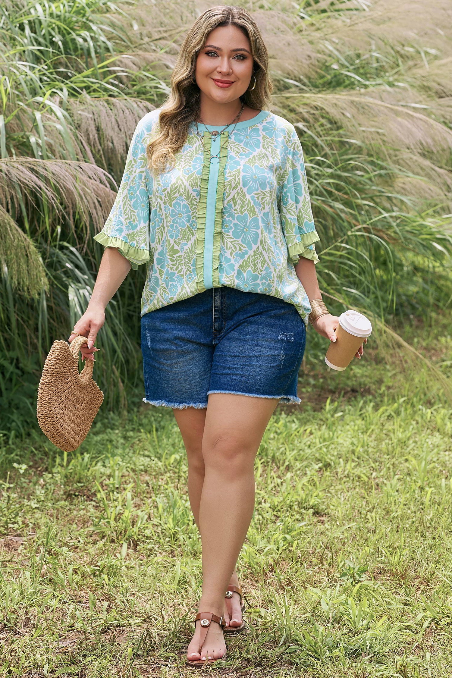 Plus Size Floral Frilled Colorblock Trim Blouse