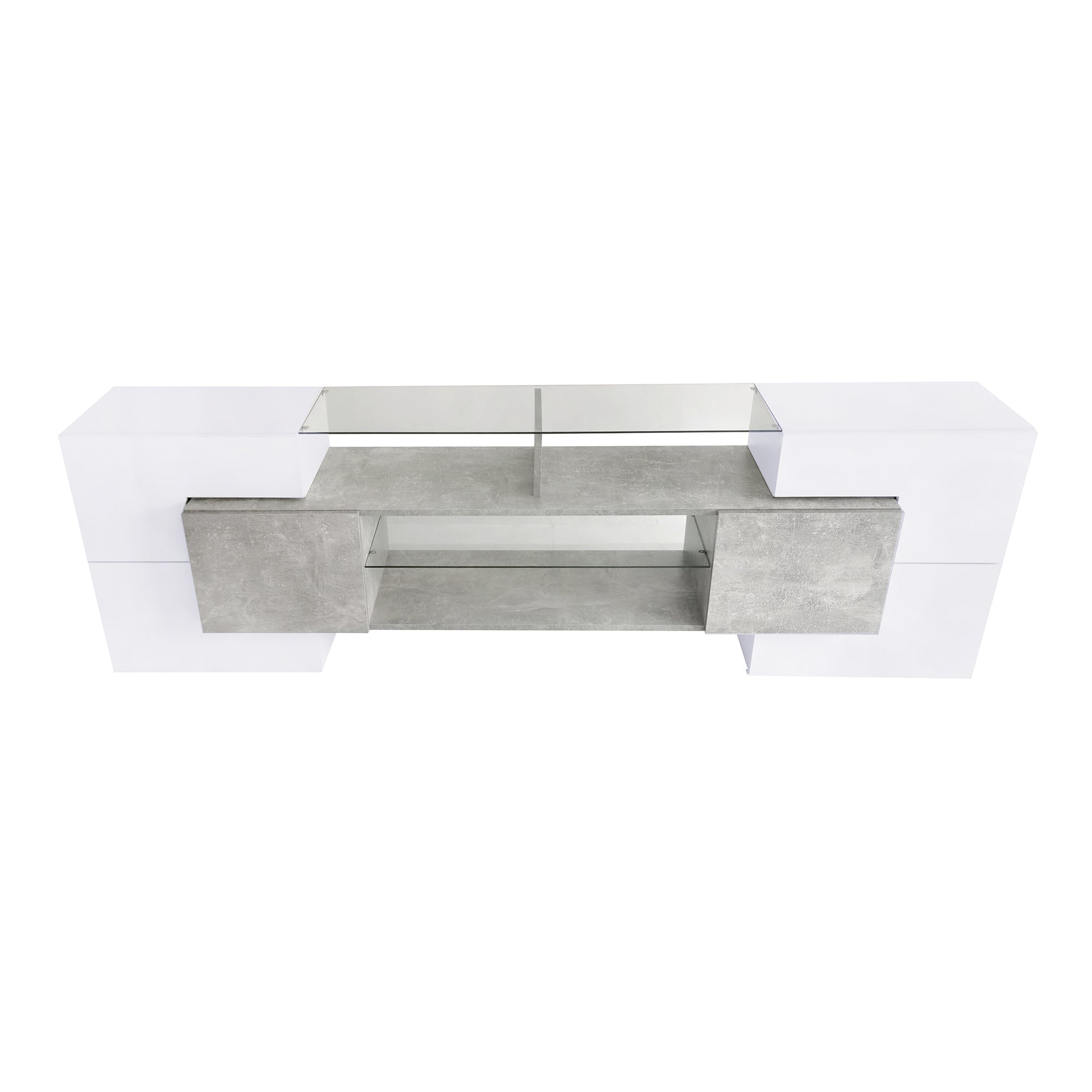 ON-TREND Unique Shape TV Stand with 2 Illuminated Glass Shelves, High Gloss Entertainment Center for TVs Up to 88', Versatile TV Cabinet with LED Color Changing Lights for Living Room, Grey