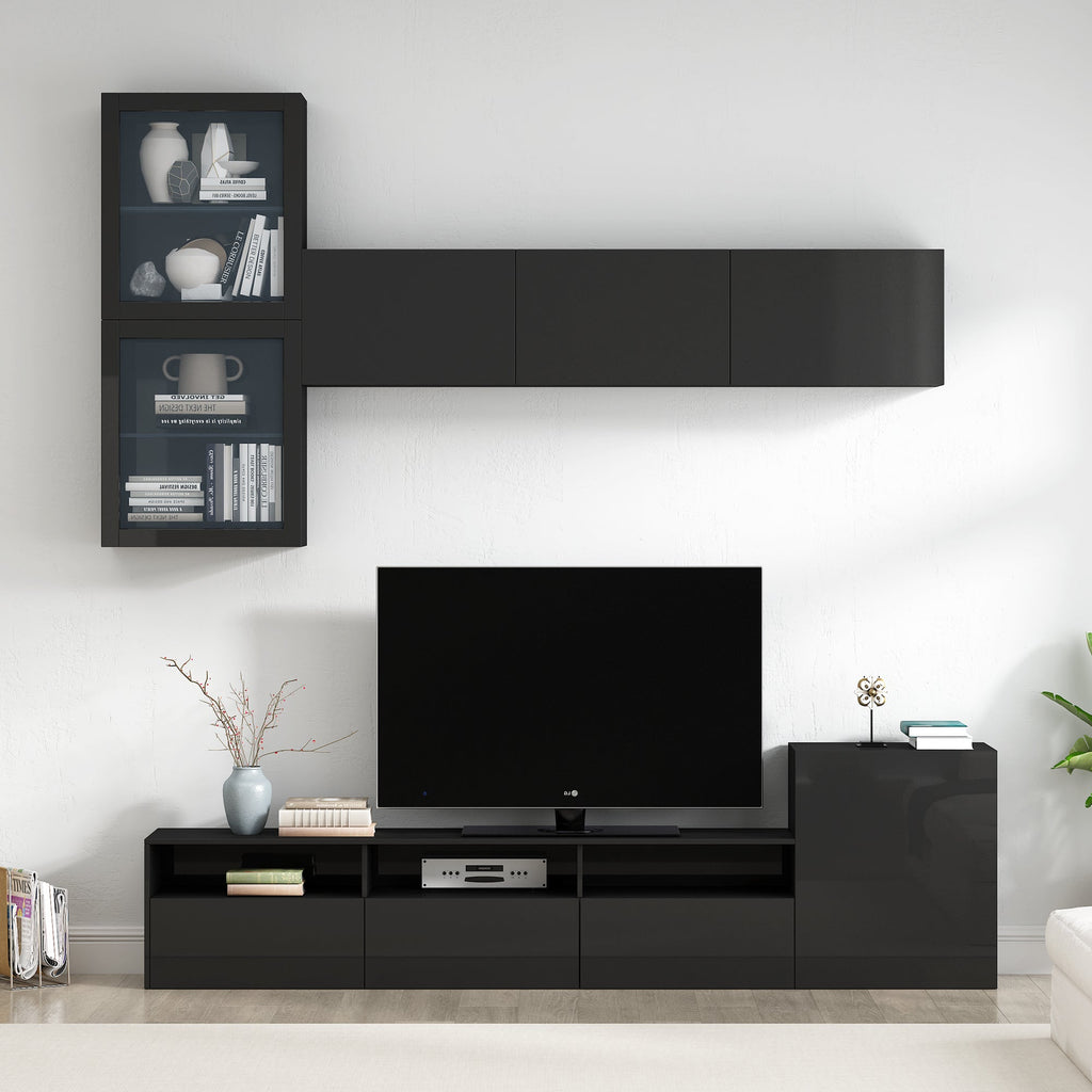 ON-TREND High Gloss TV Stand with Ample Storage Space, Media Console for TVs Up to 78', Versatile Entertainment Center with Wall Mounted Floating Storage Cabinets for Living Room, Black