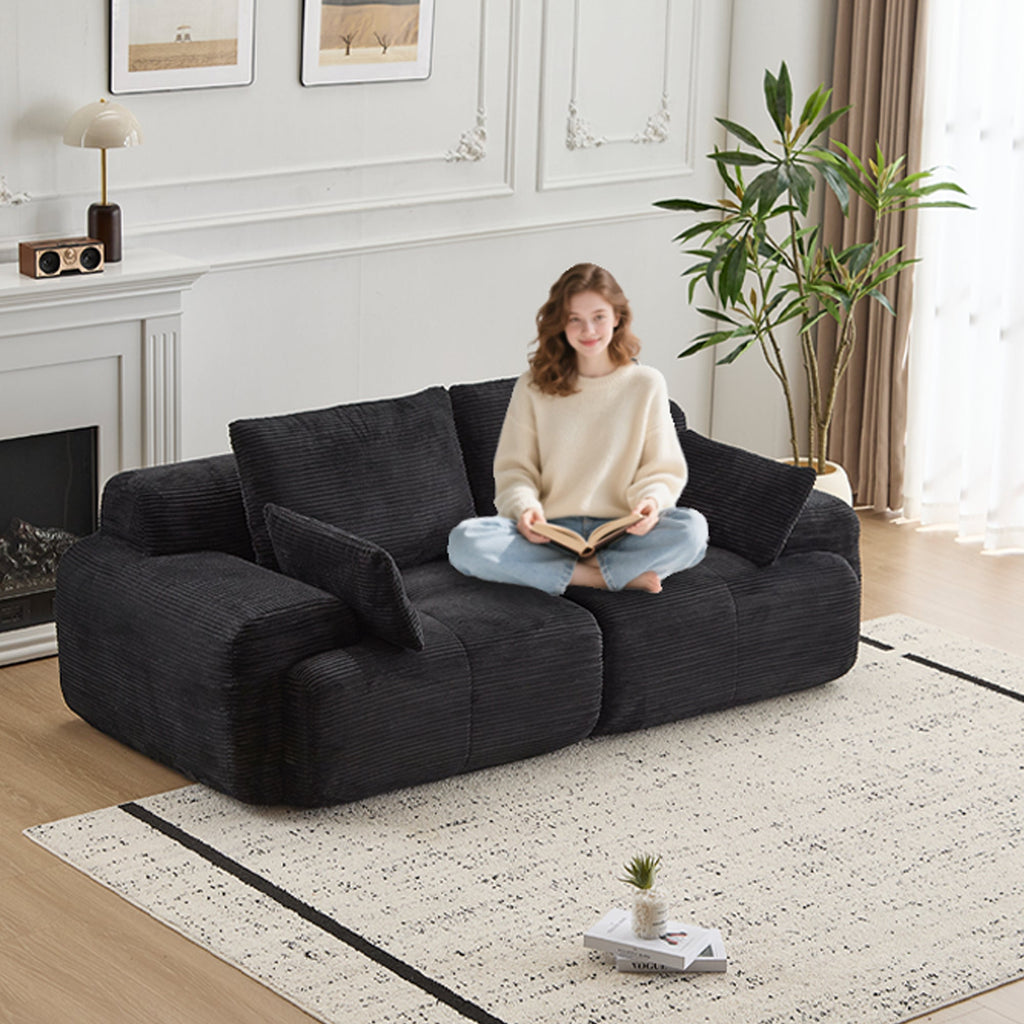 Modern Memory Foam Compressed Sofa,2 Seater Large Sectional Couches for Living Room,Pet-Friendly Cloud Modular Sectional Sofa,Corduroy Fabric,Extra Deep Loveseat,No Assembly required, Black