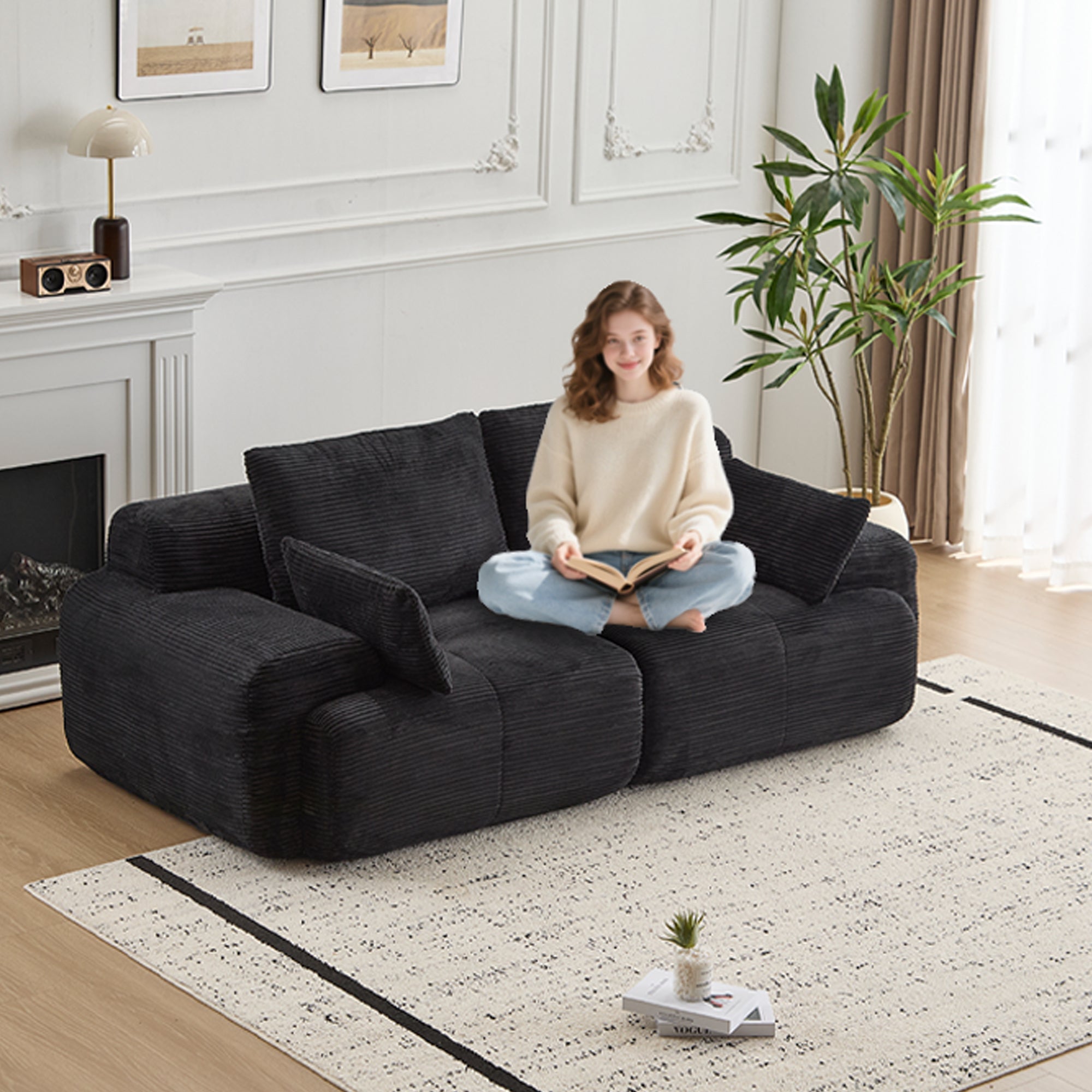 Modern Memory Foam Compressed Sofa,2 Seater Large Sectional Couches for Living Room,Pet-Friendly Cloud Modular Sectional Sofa,Corduroy Fabric,Extra Deep Loveseat,No Assembly required, Black