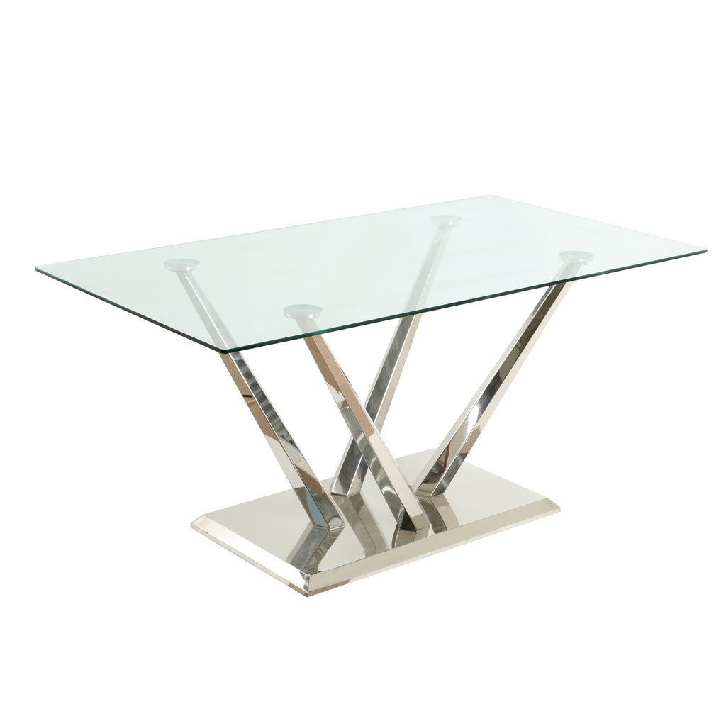 Modern style glass dining table, elegant transparent design, sturdy stainless steel base, white dining chairs set, electroplated chair legs, suitable for dining room and kitchen (set of 7)