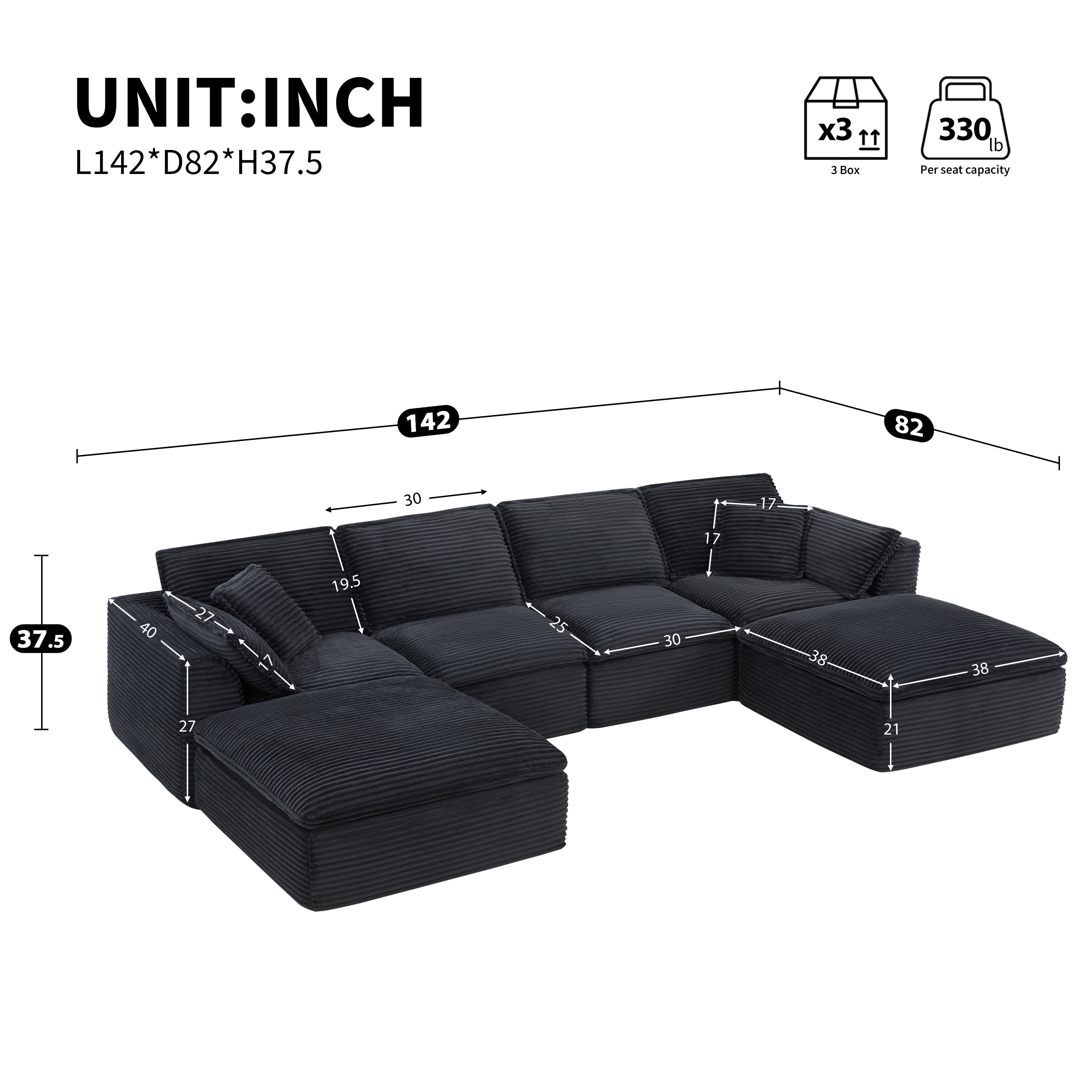 142*82' Fully Compressed Modular Sectional Sofa, U Shape with Ottomans, Luxury Corduroy with Extra Width&Depth Cloud Like Soft Cushion, No Assembly Required, for Living Room&Apartment,2 Colors