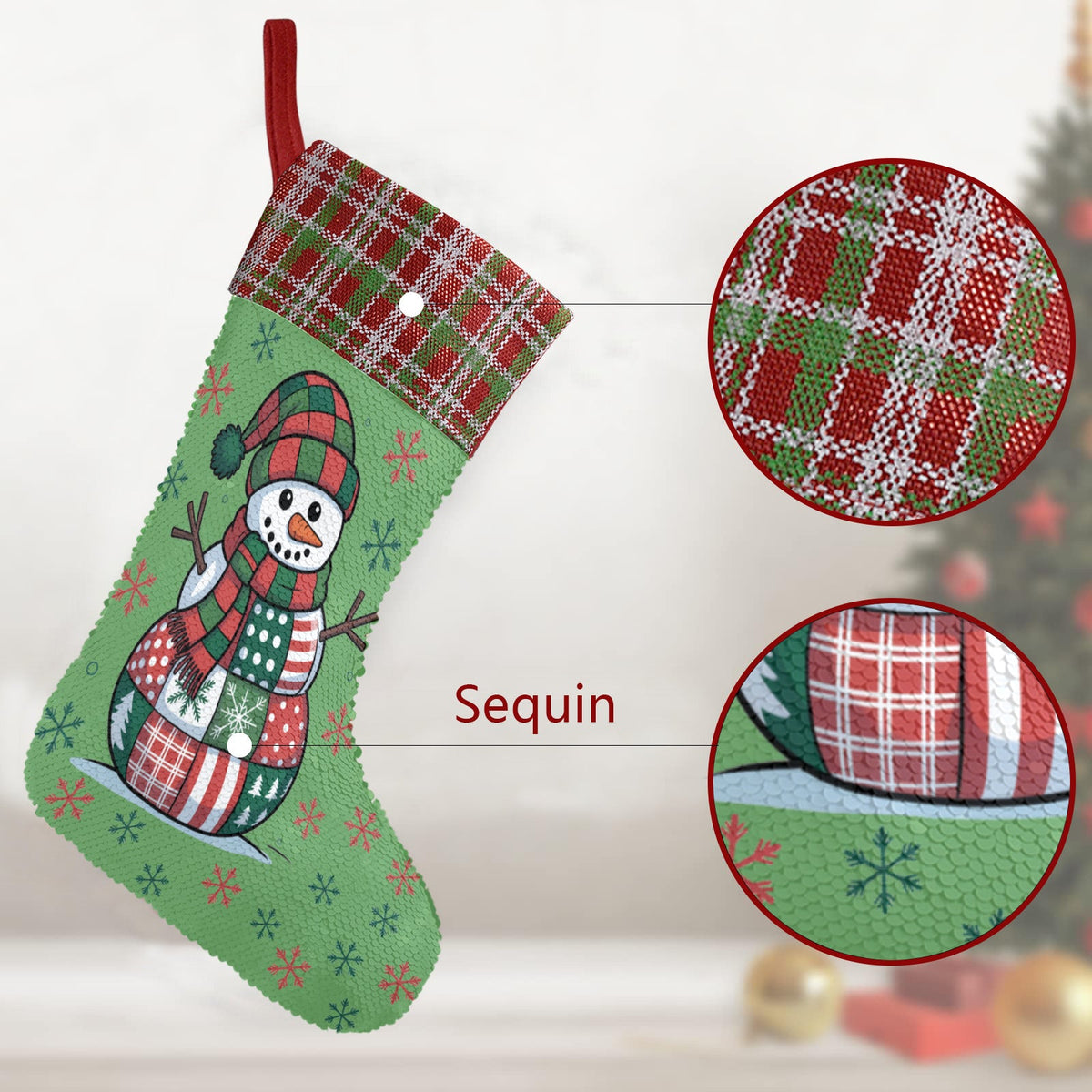 Patchwork Snowman Sequin Christmas Stocking (Made in USA)