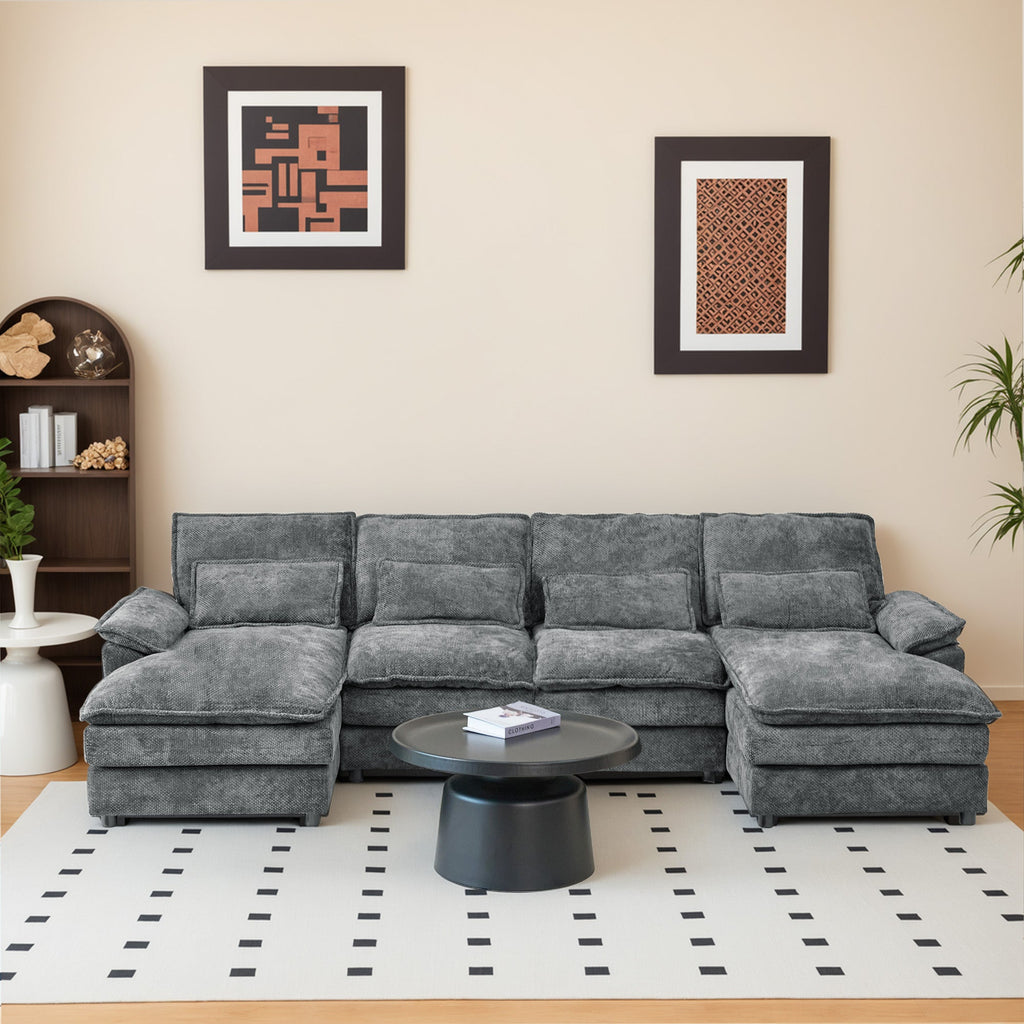 110' Modular Sectional Sofa Cloud Couch with Double Chaise Lounge , U Shaped Chenille Upholstered Leisure Sofa&Couches with Memory Foam and Waist Pillows for Living Room Office,Grey.
