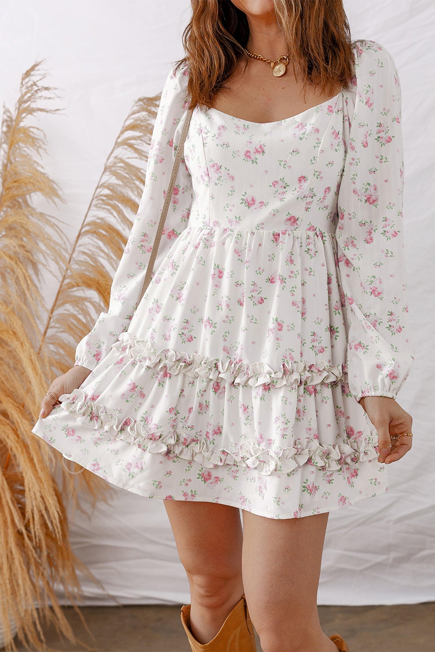 Floral Long Sleeve Ruffle Flared Mini Dress