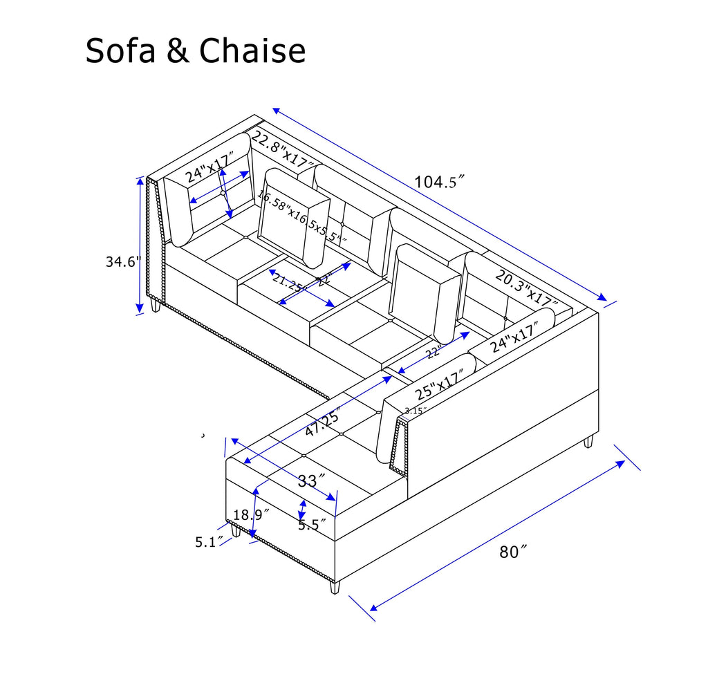 104.5' Upholstered Sofa,Chaise & Ottoman , Gray