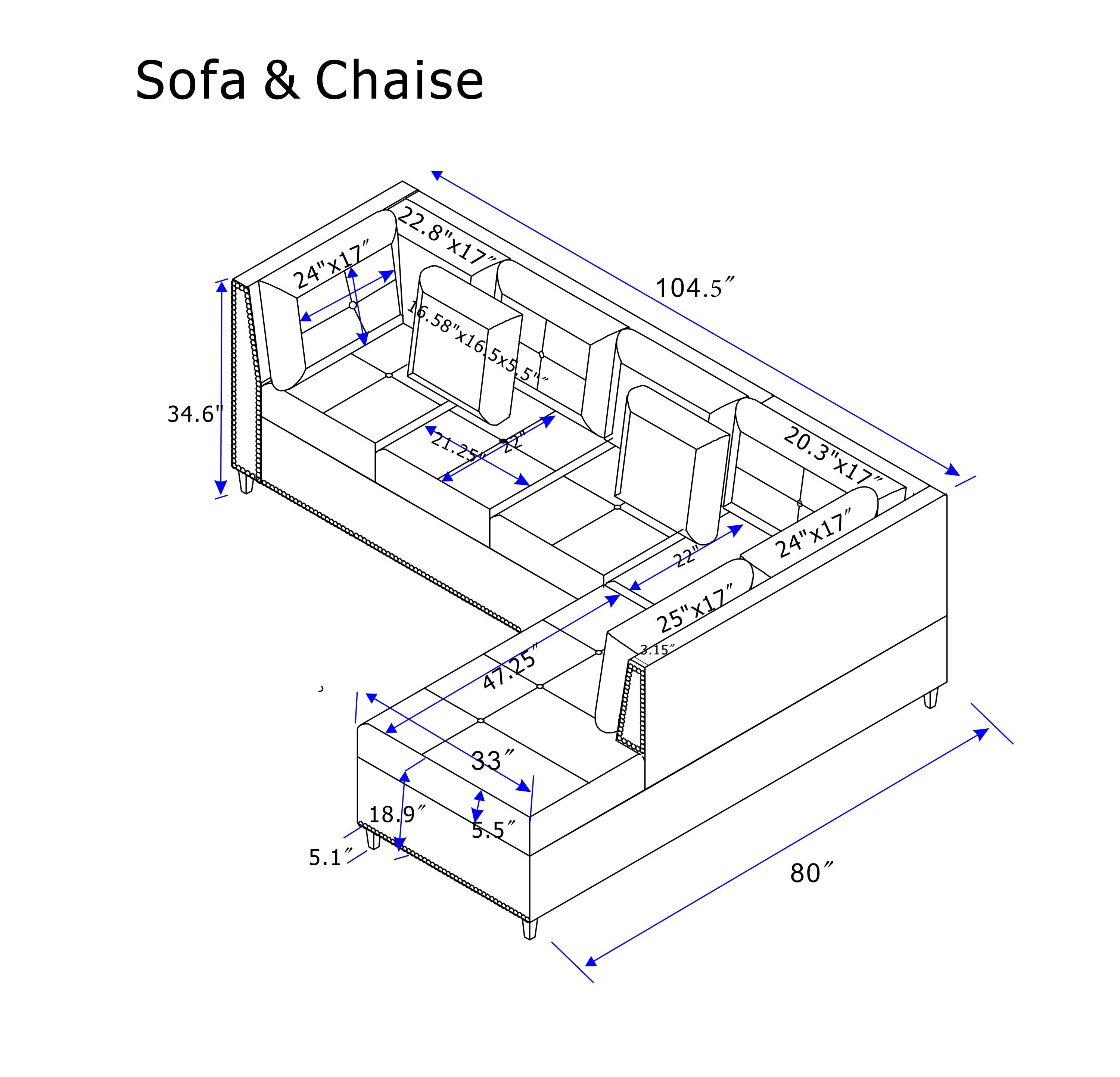 104.5' Upholstered Sofa,Chaise & Ottoman , Gray