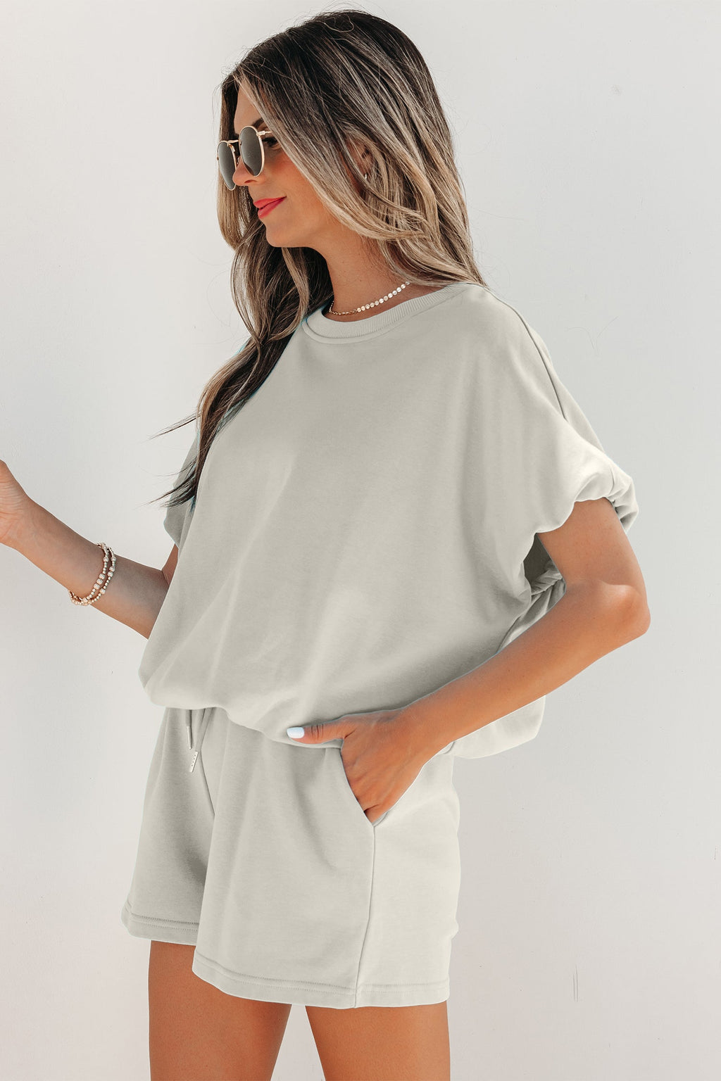 Solid Puff Sleeve Top & Drawstring Shorts Set
