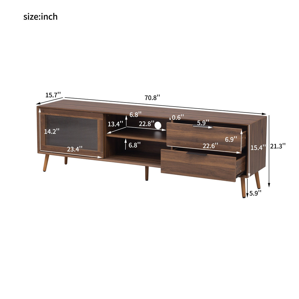 Modern TV Stand for 75'+ TV, TV Console with 2 Glass Doors, Entertainment Center with 2 Drawers & Storage Cabinet, 70' Media Console Table for Living Room, Bedroom