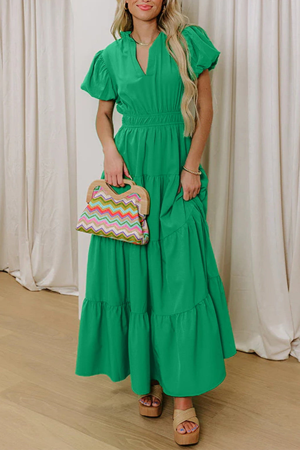 Solid V-Neck Short Puff Sleeve Tiered Maxi Dress